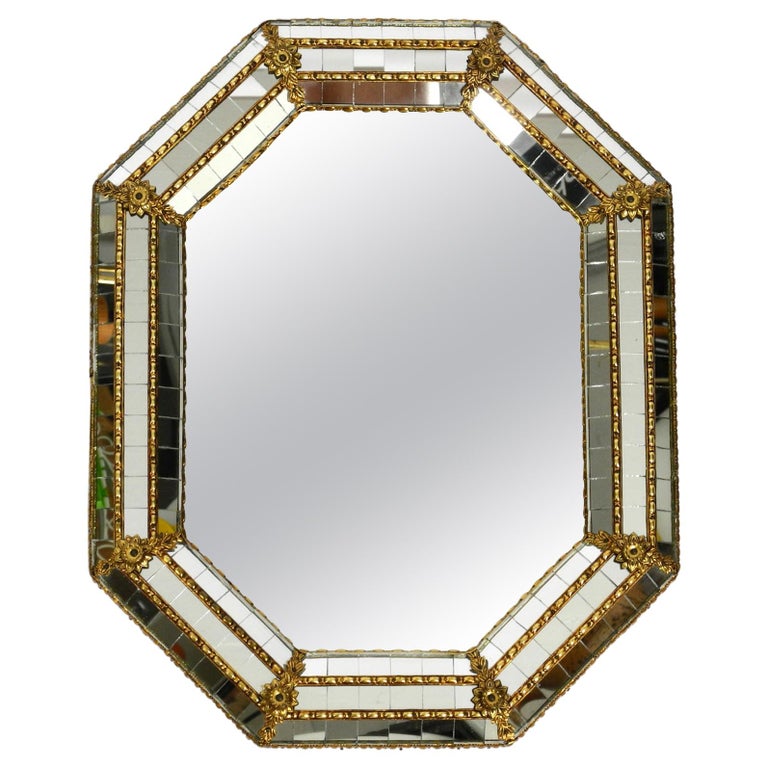 Italian Octagonal Brass Wall Mirror with Frame Made of Mosaic Mirror