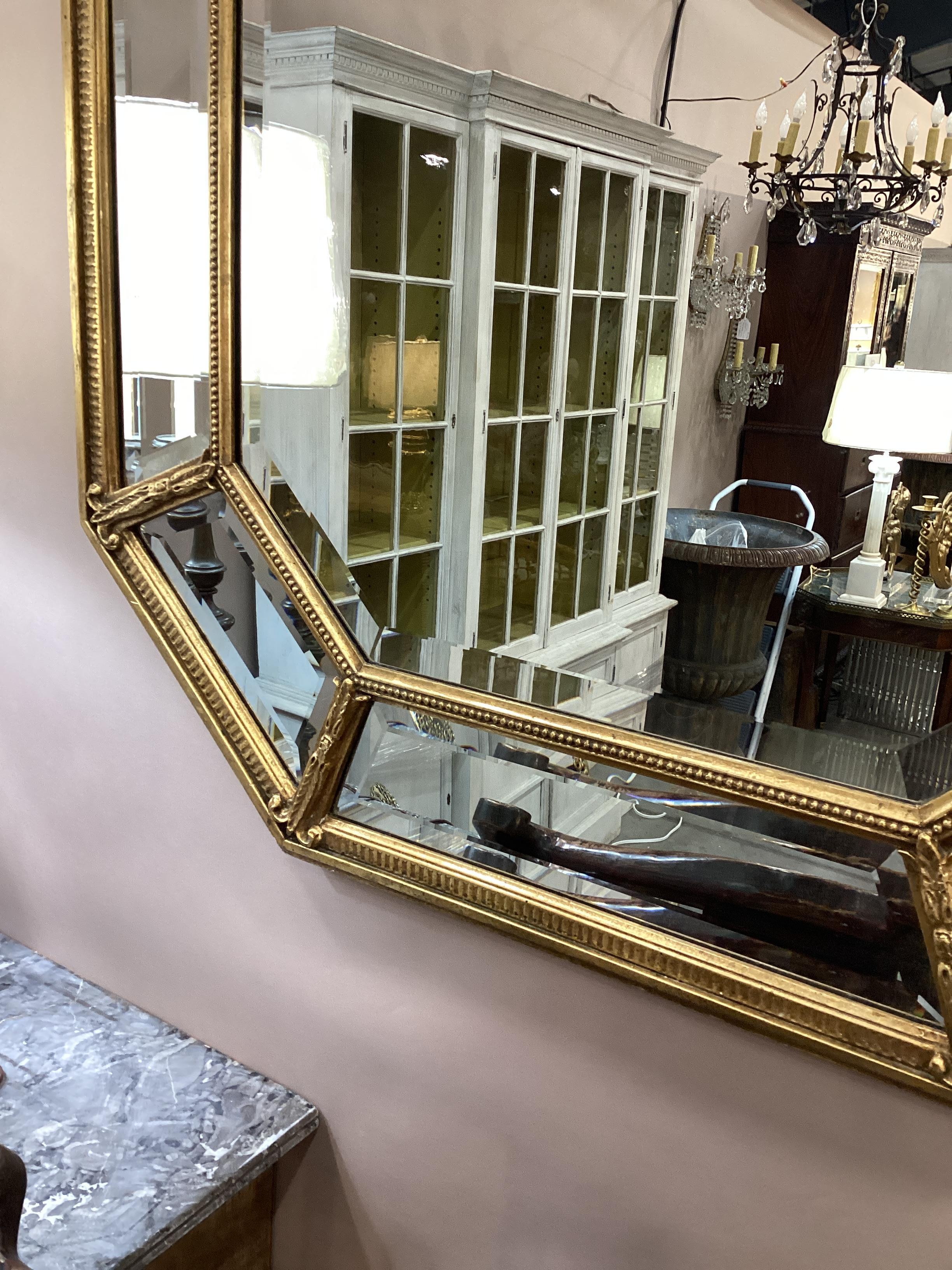 Mid-Century Modern Italian Octagonal Giltwood Beveled Mirror 