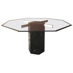 Italian Octagonal Green Water Crystal and Black Marble Dining Table, 1980s