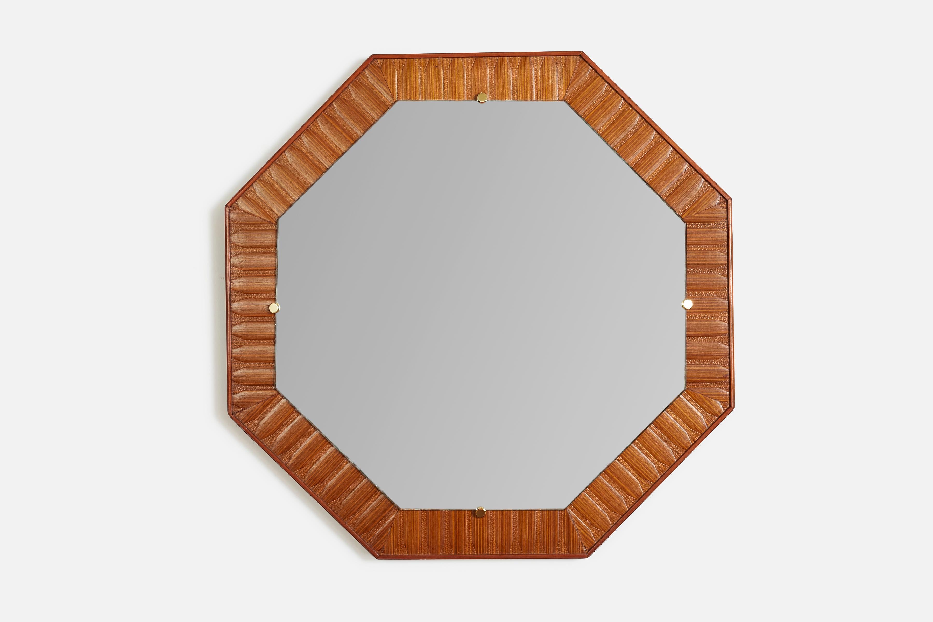 Unique Italian mirror with octagonal shape with wood inlay frame. 
Extremely well made with brass accents. 
Original patina.