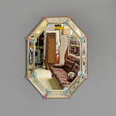 Italian octagonal wall mirror in colored glass with floral decorations, 1980s