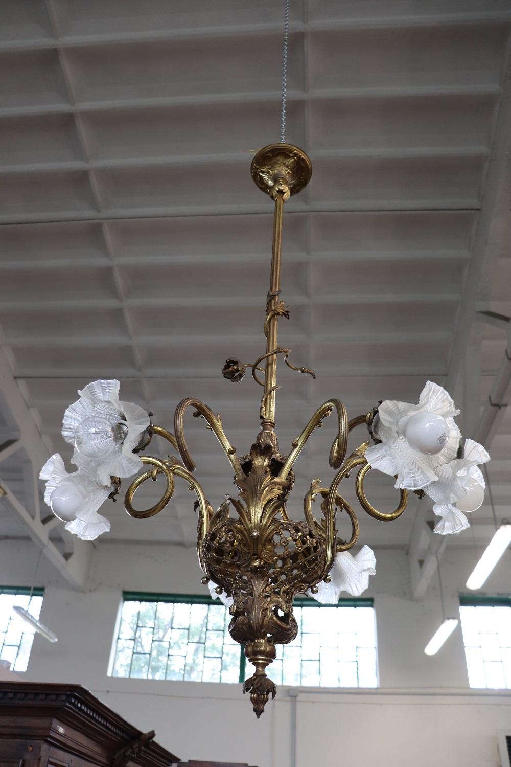 Italian of the Period Art Nouveau Gilded Bronze Chandelier, 6 Bulbs 2