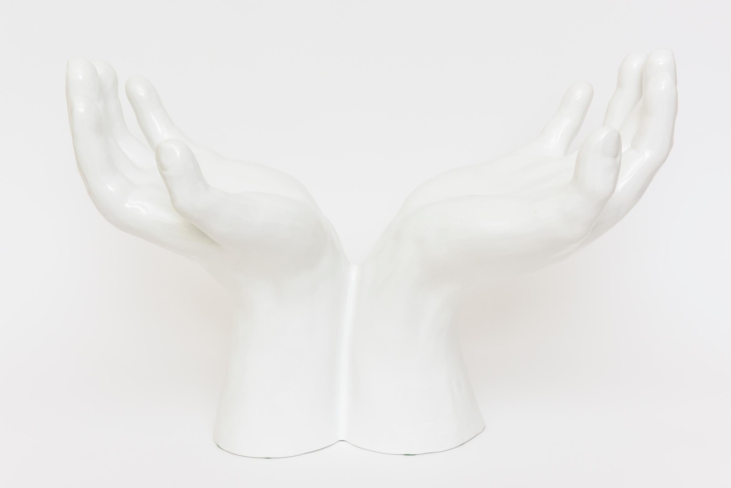 Modern Italian White Ceramic 2 Part Monumental Hands and Bowl Sculpture Vintage