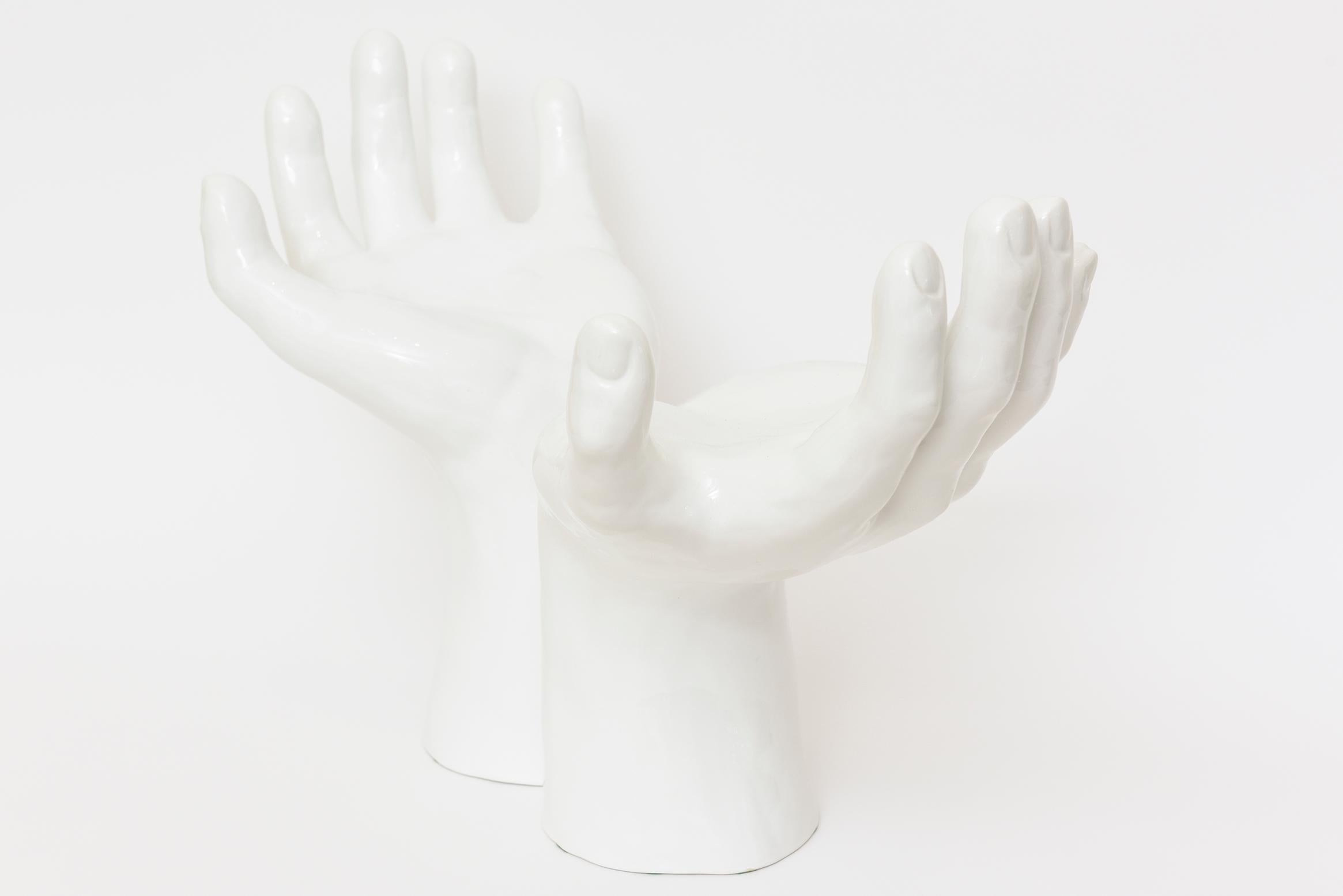 Late 20th Century Italian White Ceramic 2 Part Monumental Hands and Bowl Sculpture Vintage