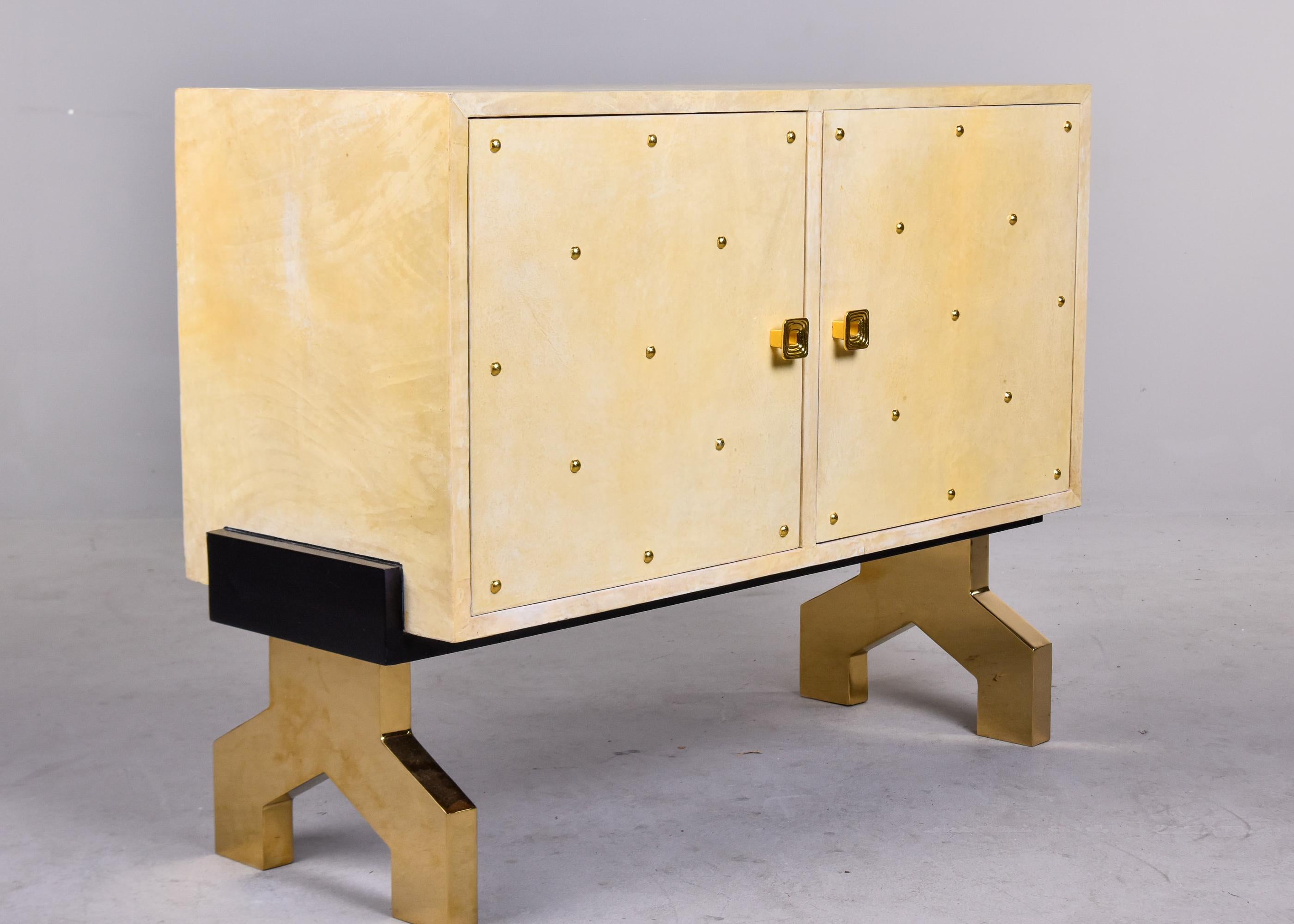 Italian off White Parchment Covered Modernist Chest with Brass Accents and Hardw For Sale 8