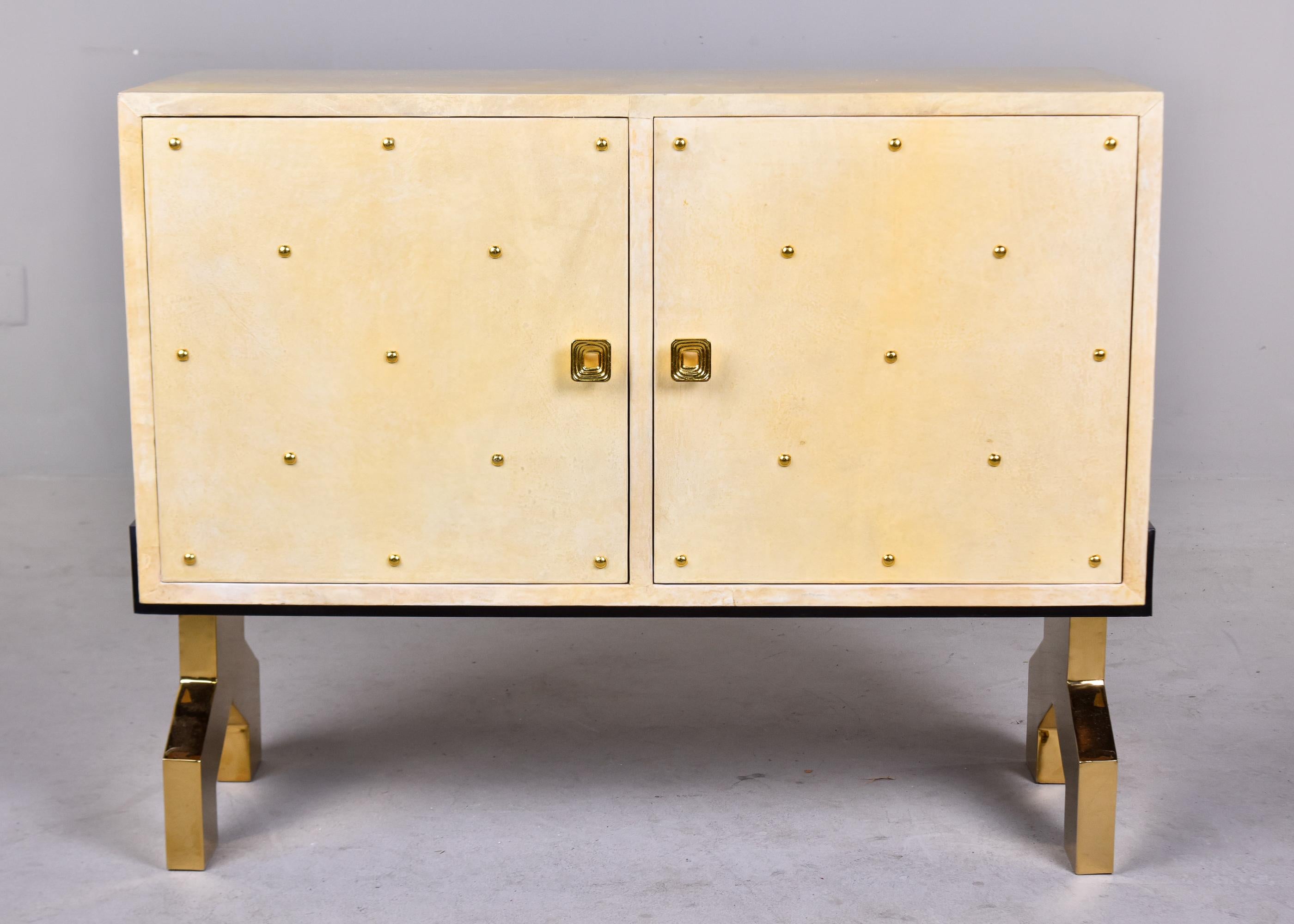 Italian off White Parchment Covered Modernist Chest with Brass Accents and Hardw In Good Condition For Sale In Troy, MI