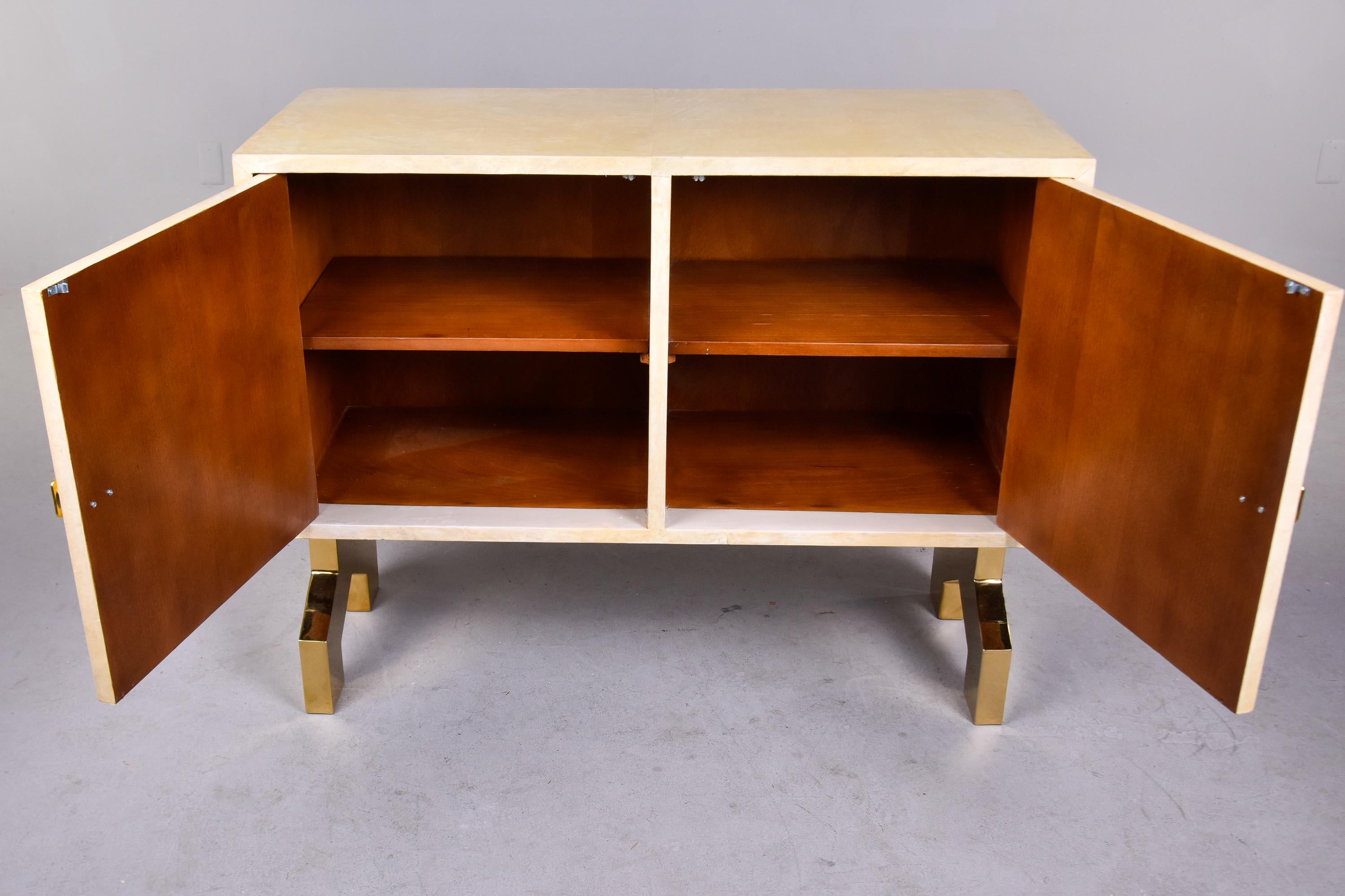 20th Century Italian off White Parchment Covered Modernist Chest with Brass Accents and Hardw For Sale