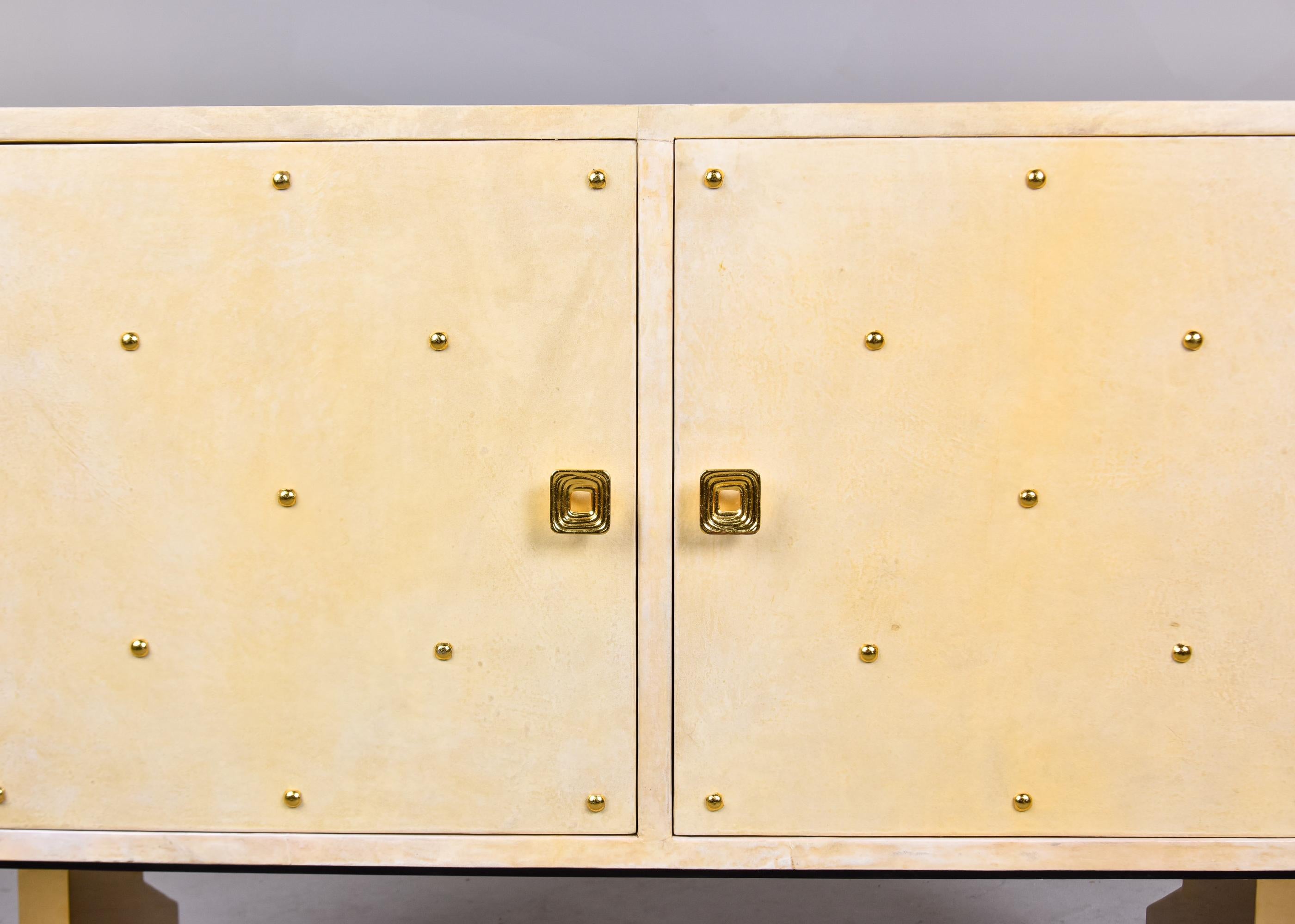 Italian off White Parchment Covered Modernist Chest with Brass Accents and Hardw For Sale 1