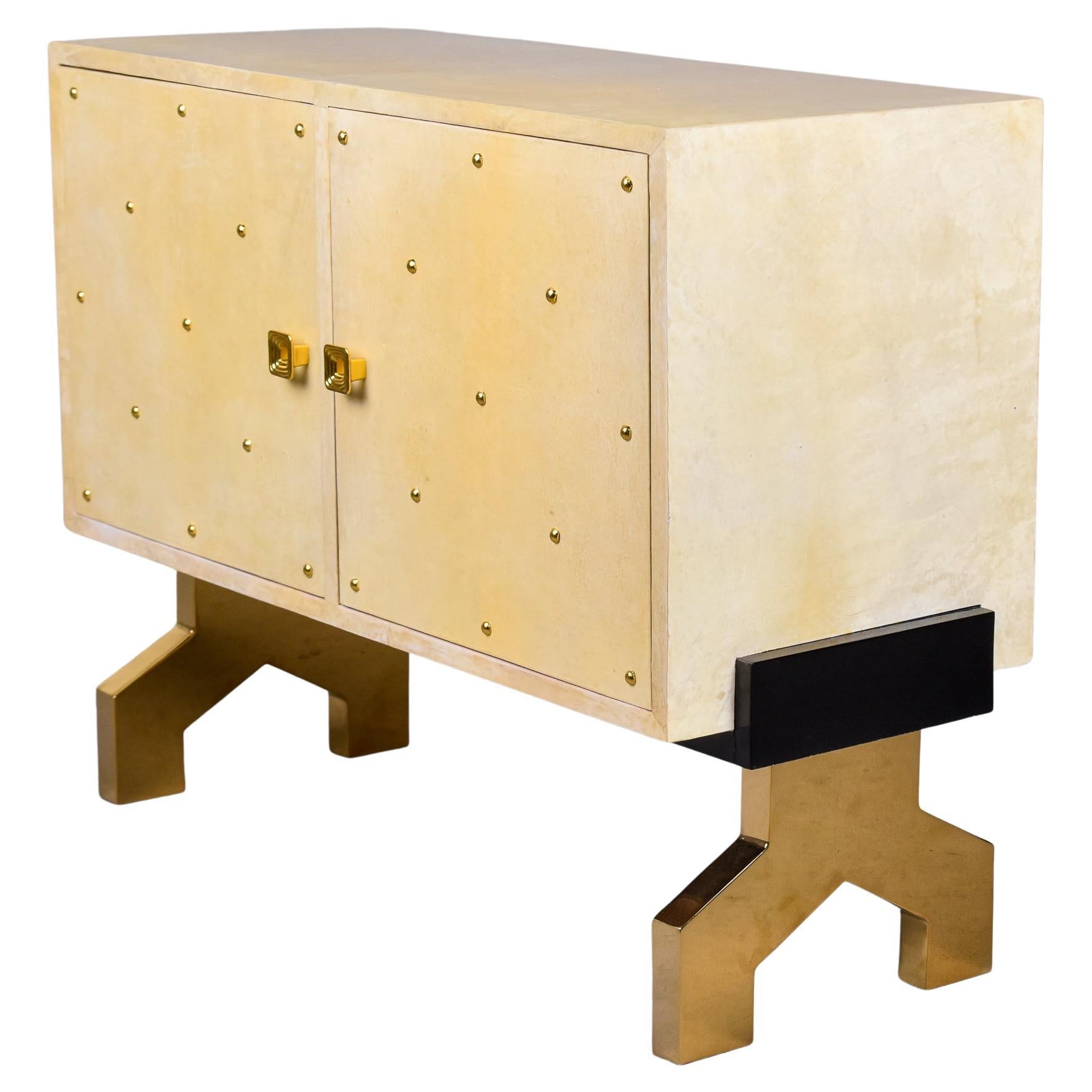 Italian off White Parchment Covered Modernist Chest with Brass Accents and Hardw For Sale