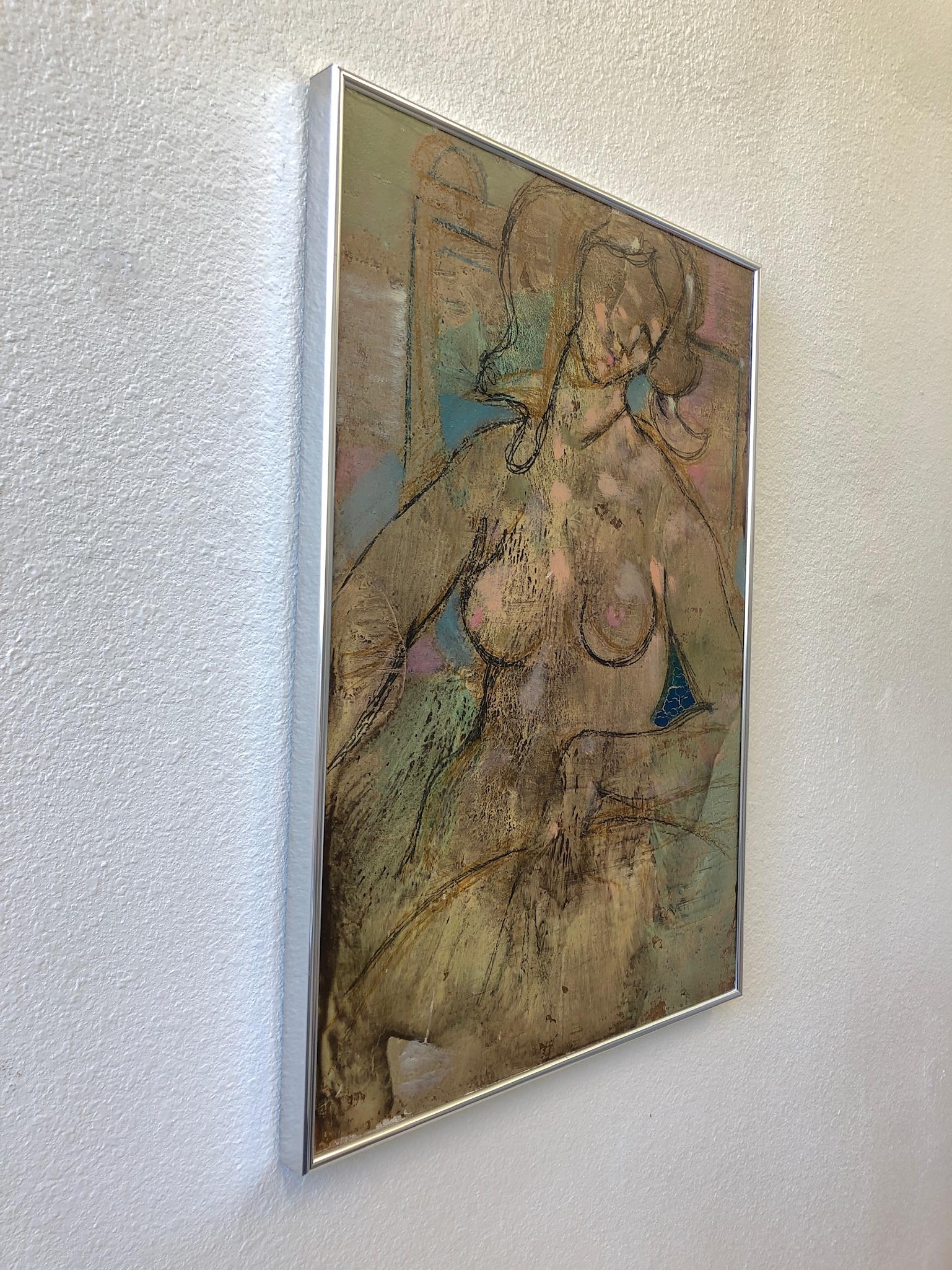 1961 abstract female nude oil and graphite painting on board by listed Italian artists Lazzaro Donati.
The painting title “Sitting Naked in Pink” is signed Donati on the front and signed and dated in the back. Original aluminum frame.
Dimension: