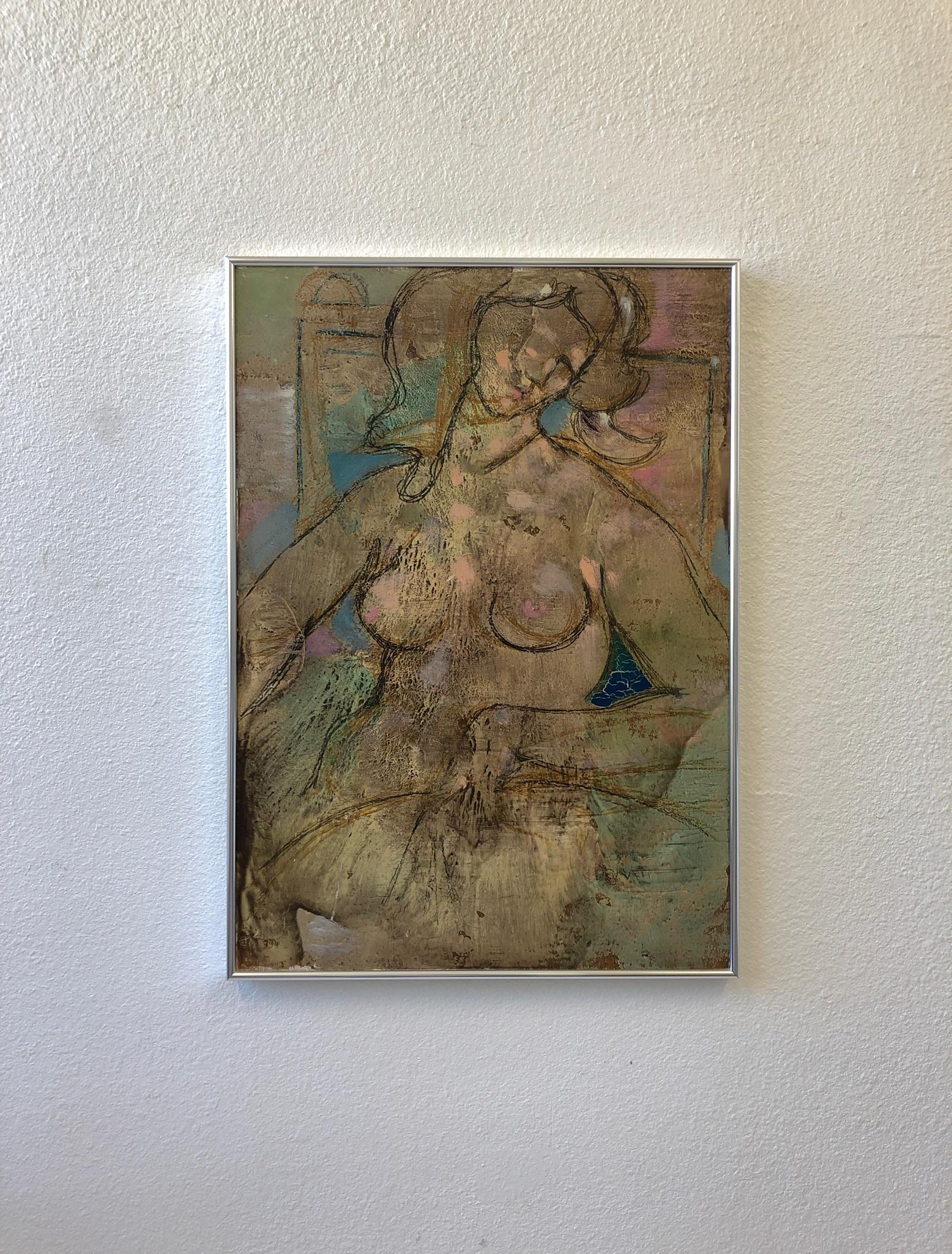Oiled Italian Oil and Graphite Abstract Nude Painting by Lazzaro Donati