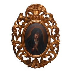 Italian Oil on Board Portrait of Madonna in Giltwood Reticulated Frame
