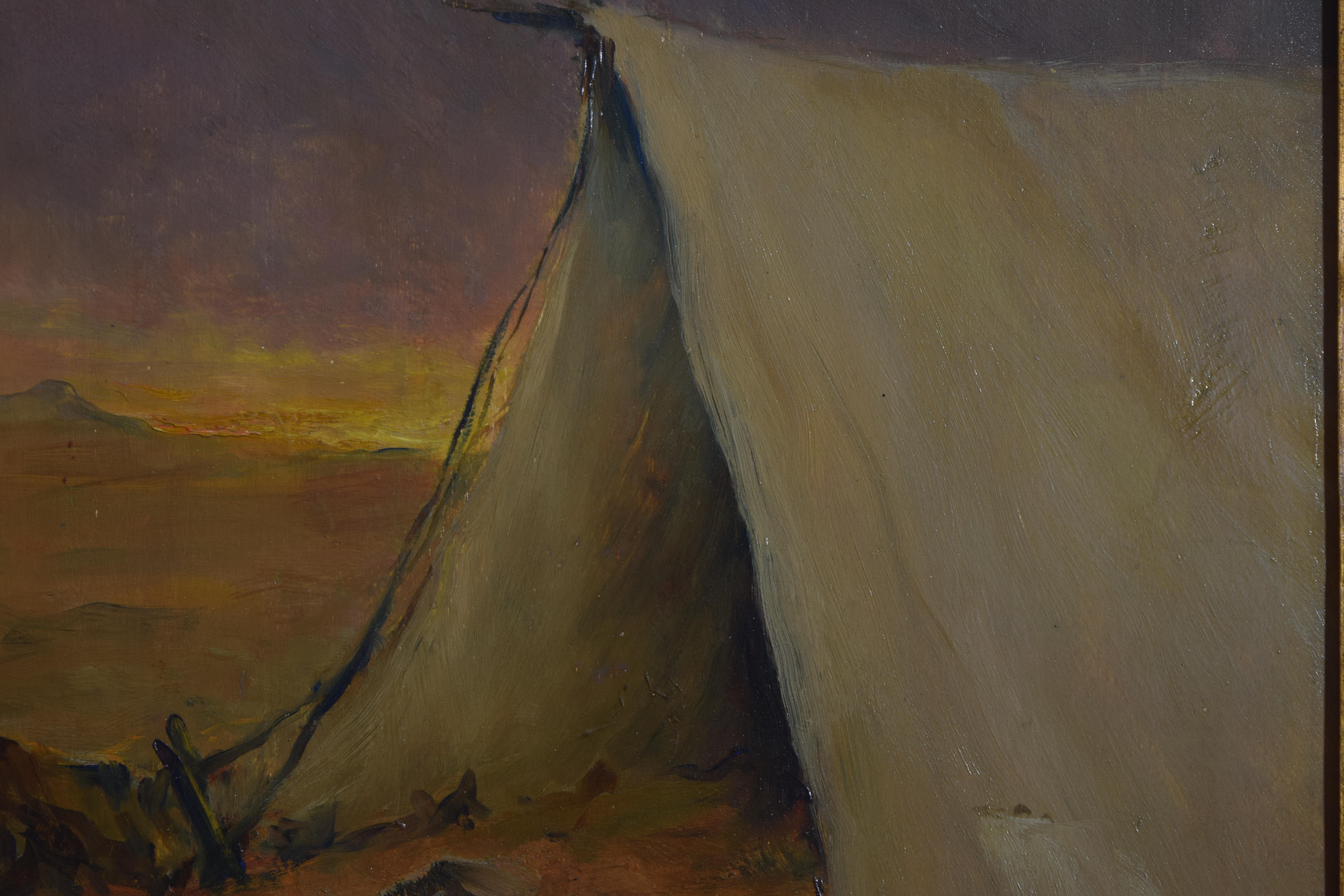 Italienisches Ölgemälde auf Karton, Zelt in der Wüste, Giuseppe Augusto Levis, 1-14-1912 (Frühes 20. Jahrhundert) im Angebot