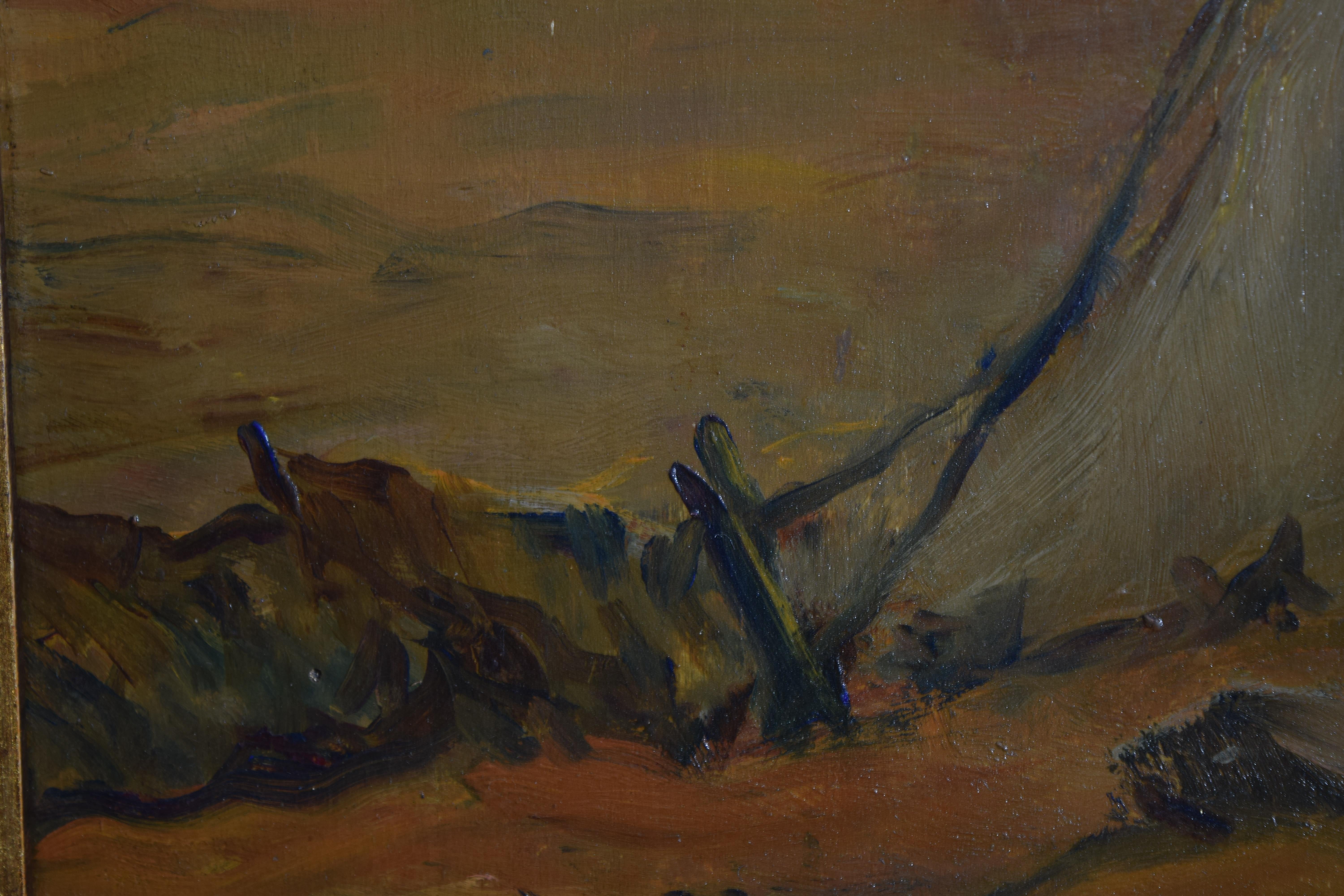 Italienisches Ölgemälde auf Karton, Zelt in der Wüste, Giuseppe Augusto Levis, 1-14-1912 (Farbe) im Angebot