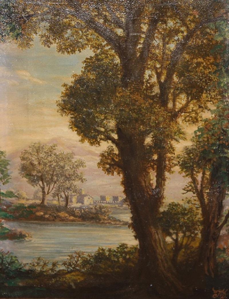 Italian oil on canvas from the first half of the 19th century depicting a forest with a coastal view. In the background, a fortified town is depicted as seen from a wooded shore of the gulf. It features the artist's signature anagram in the lower