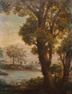 Italienisches Ölgemälde auf Leinwand aus dem 19. Jahrhundert, das eine Landschaft mit Meeresansicht darstellt