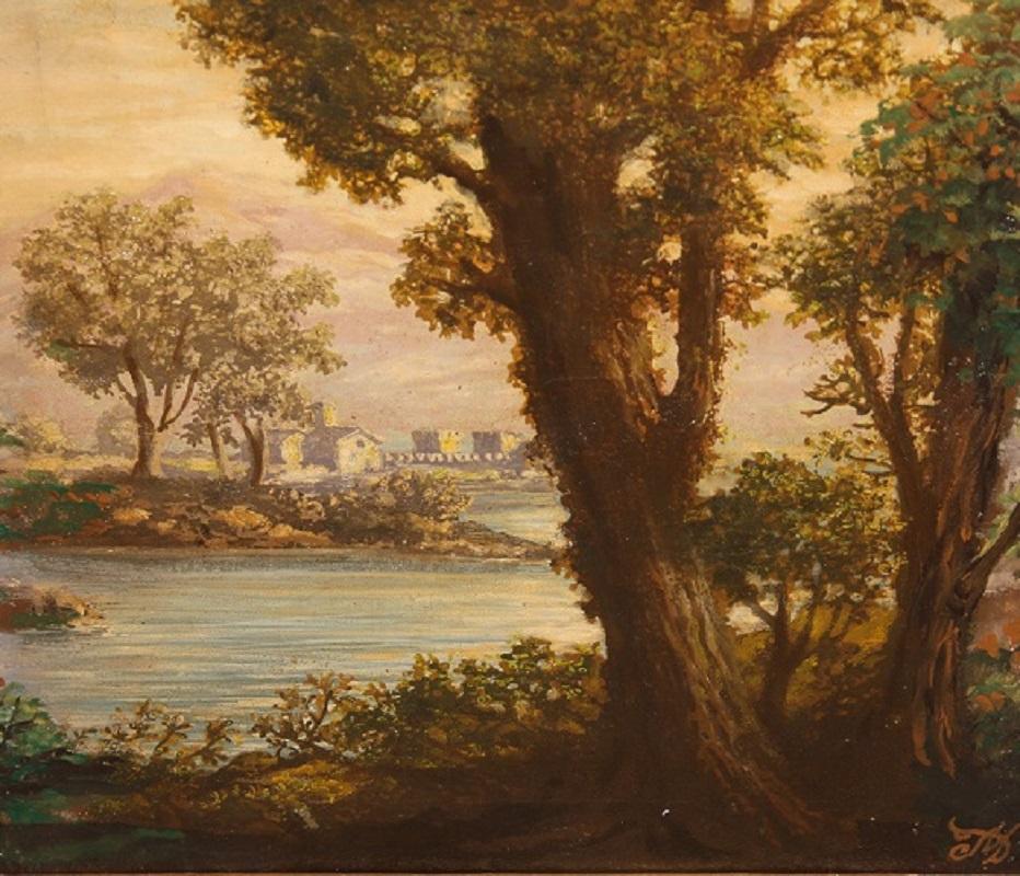Oiled Italian oil on canvas depicting a 19th-century landscape with a seaside view For Sale