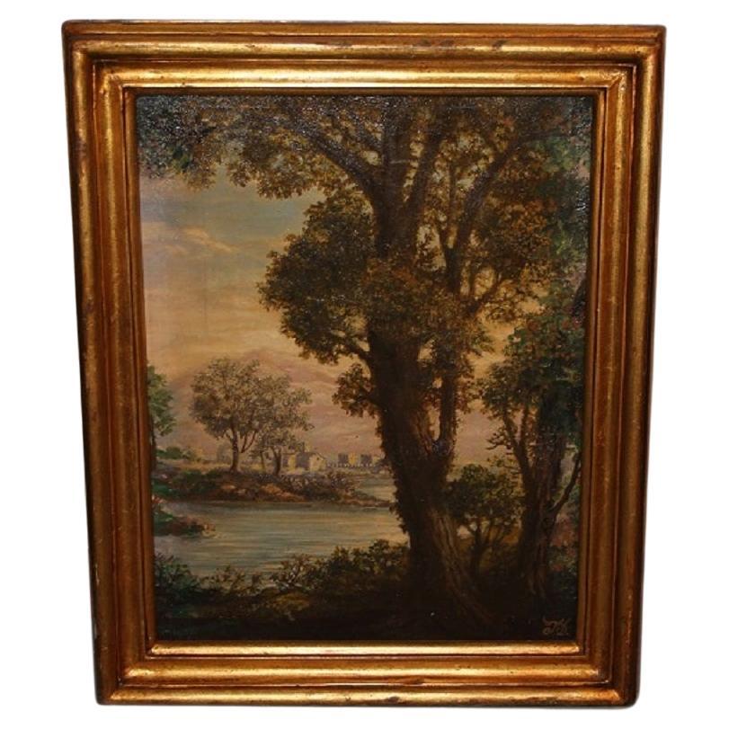 Italian oil on canvas depicting a 19th-century landscape with a seaside view