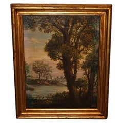 Antique Italian oil on canvas depicting a 19th-century landscape with a seaside view