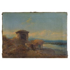 Antique Italian Oil on Canvas, Drover with Hay in River Valley, 3rd Quarter 19th C