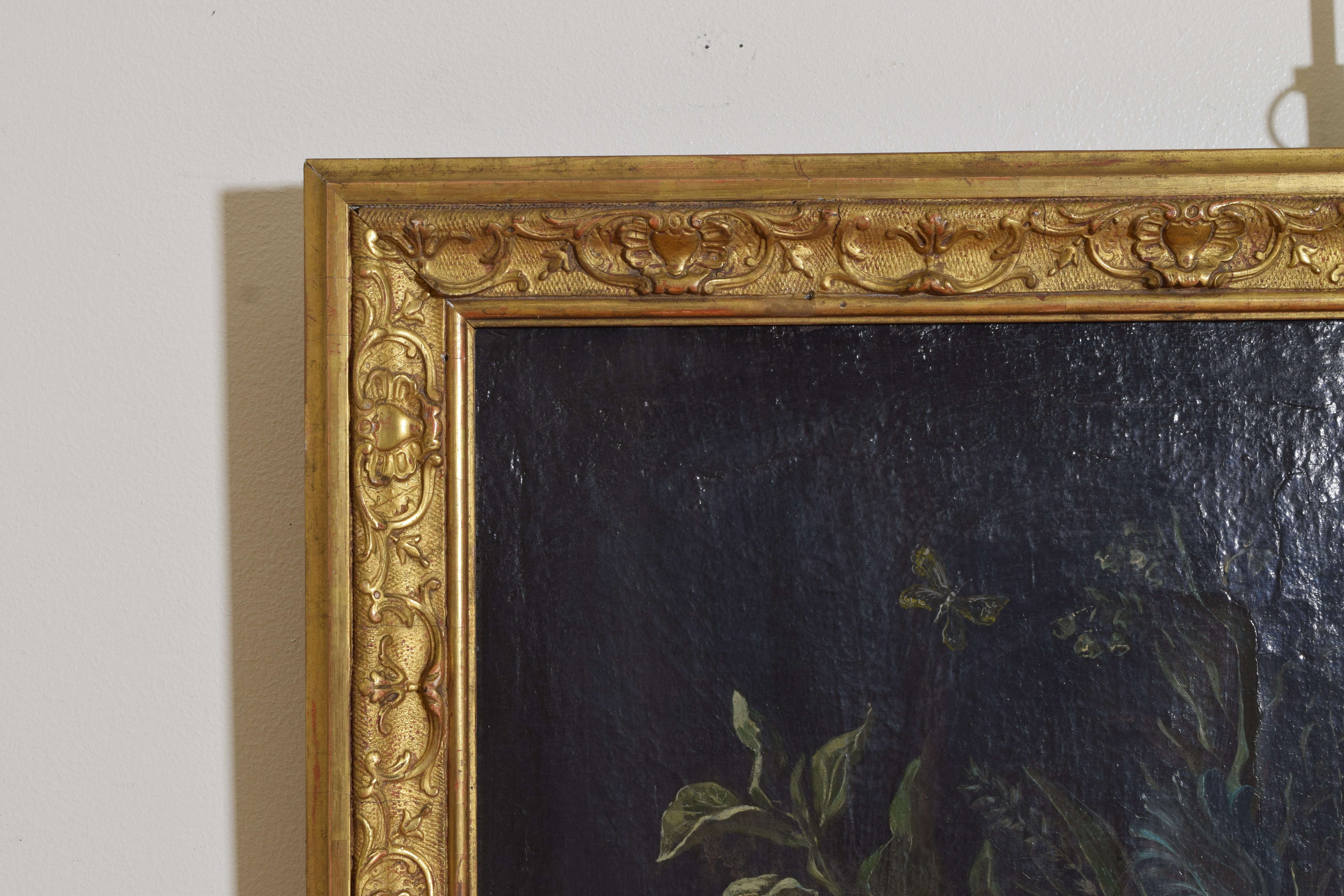 Louis Philippe Italian, Oil on Canvas, Floral Still Life, in Carved Giltwood Frame, 19th cen. For Sale