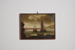 Italian Oil on Canvas, Harbor with Galleon and Tower, early 18th century