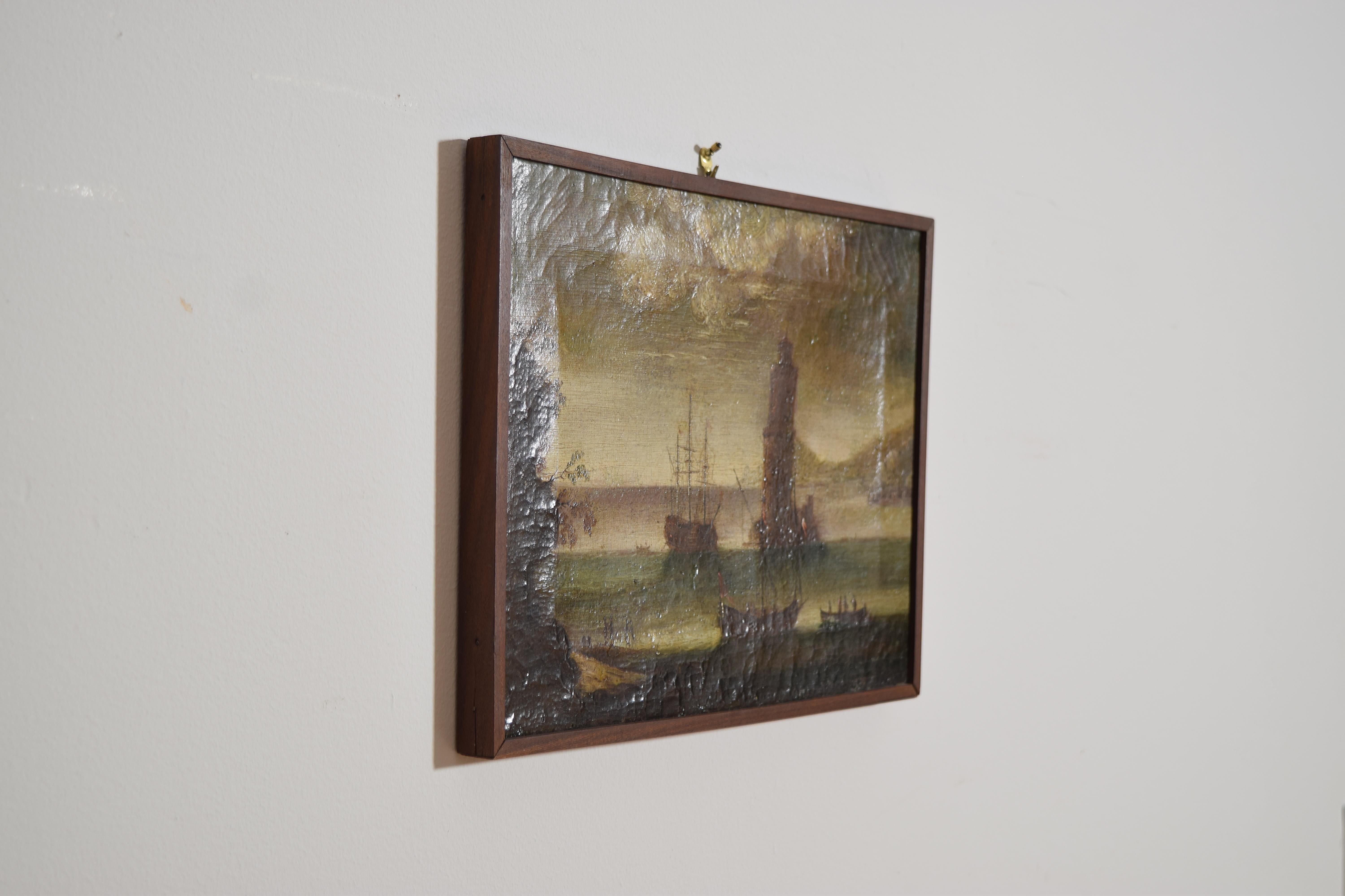 Italienisches Öl auf Leinwand, Hafen mit Galeone und Turm, frühes 18. (Louis XIV.) im Angebot