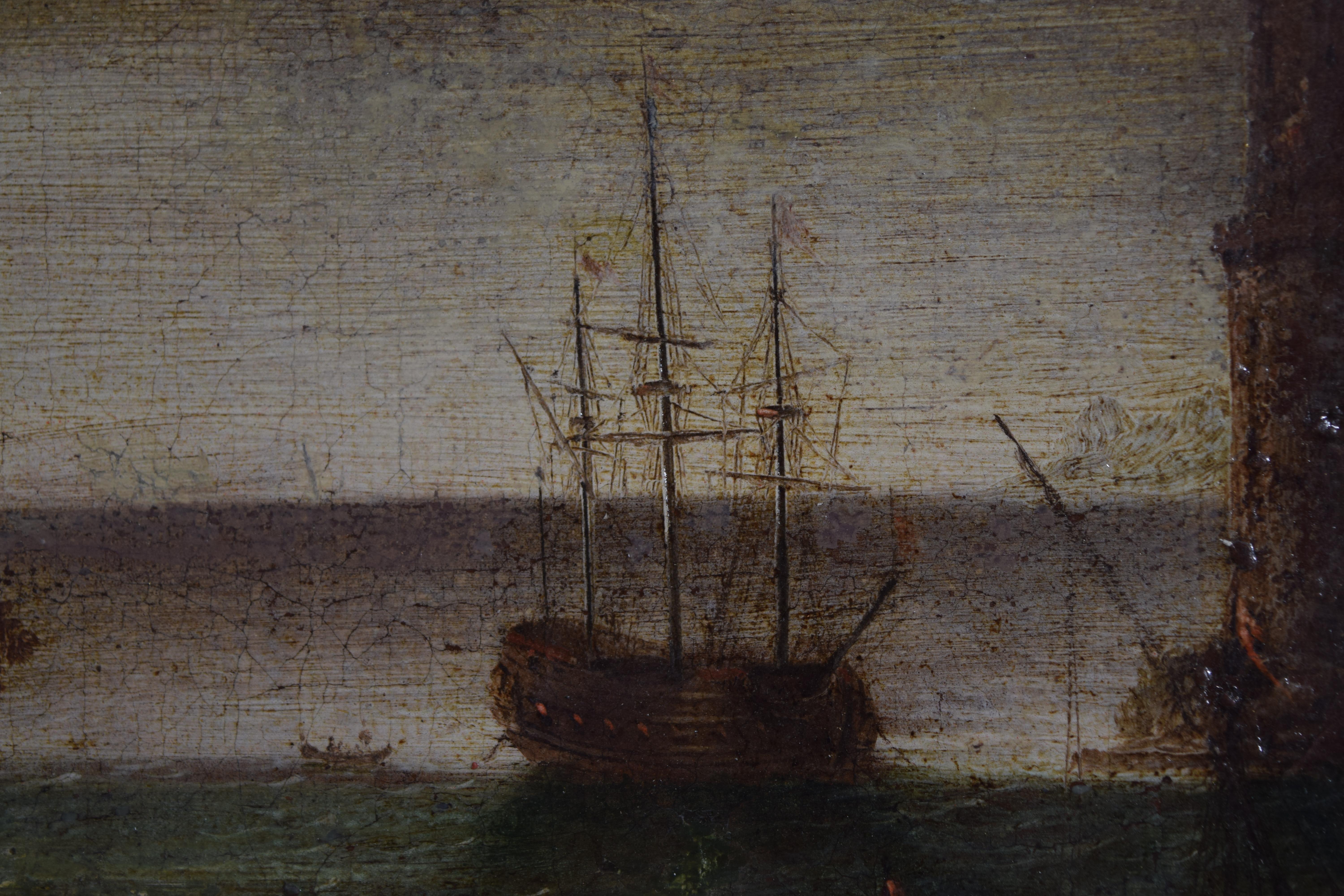 Italienisches Öl auf Leinwand, Hafen mit Galeone und Turm, frühes 18. (18. Jahrhundert) im Angebot