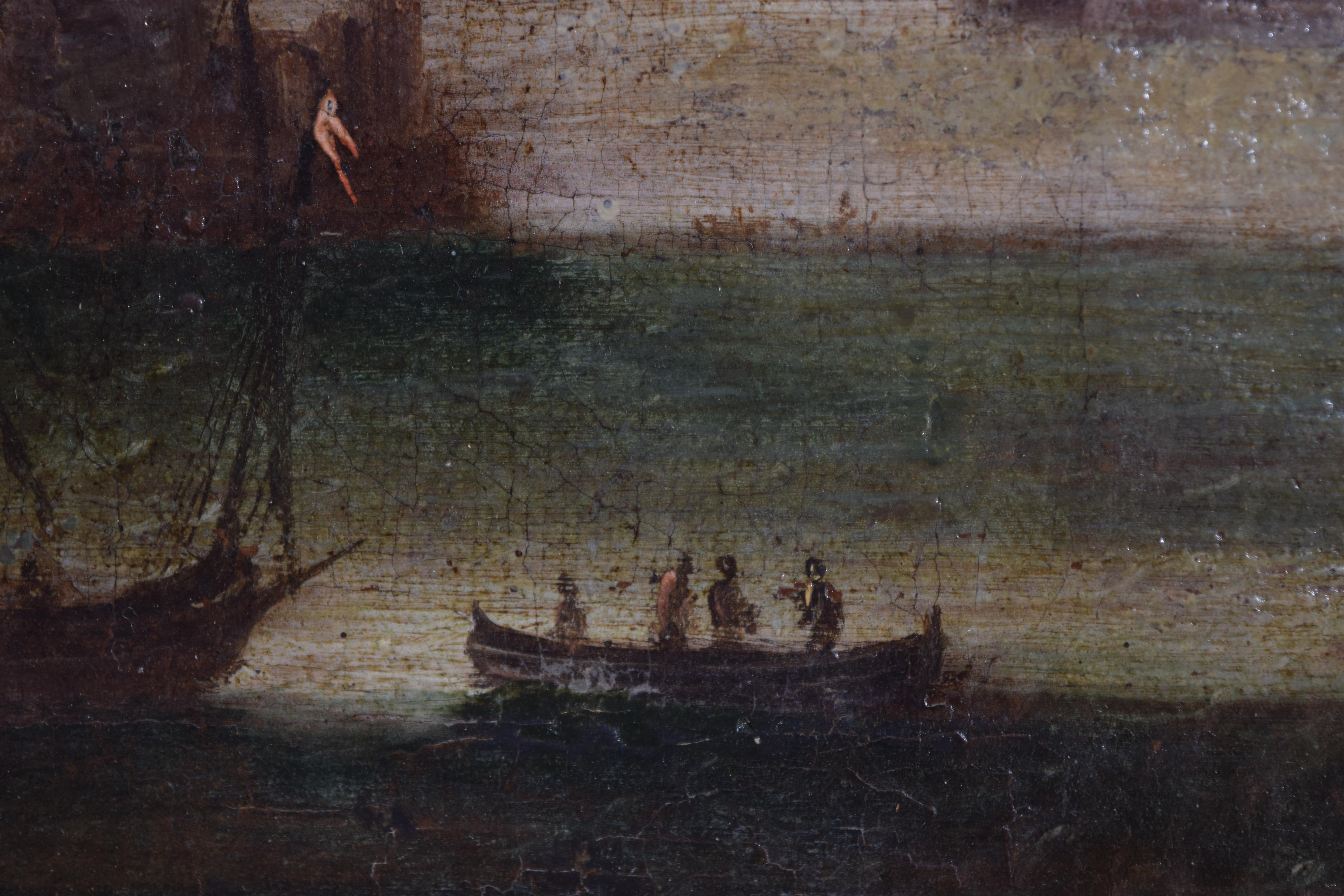 Italienisches Öl auf Leinwand, Hafen mit Galeone und Turm, frühes 18. (Farbe) im Angebot