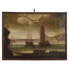 Italian Oil on Canvas, Harbor with Galleon and Tower, early 18th century