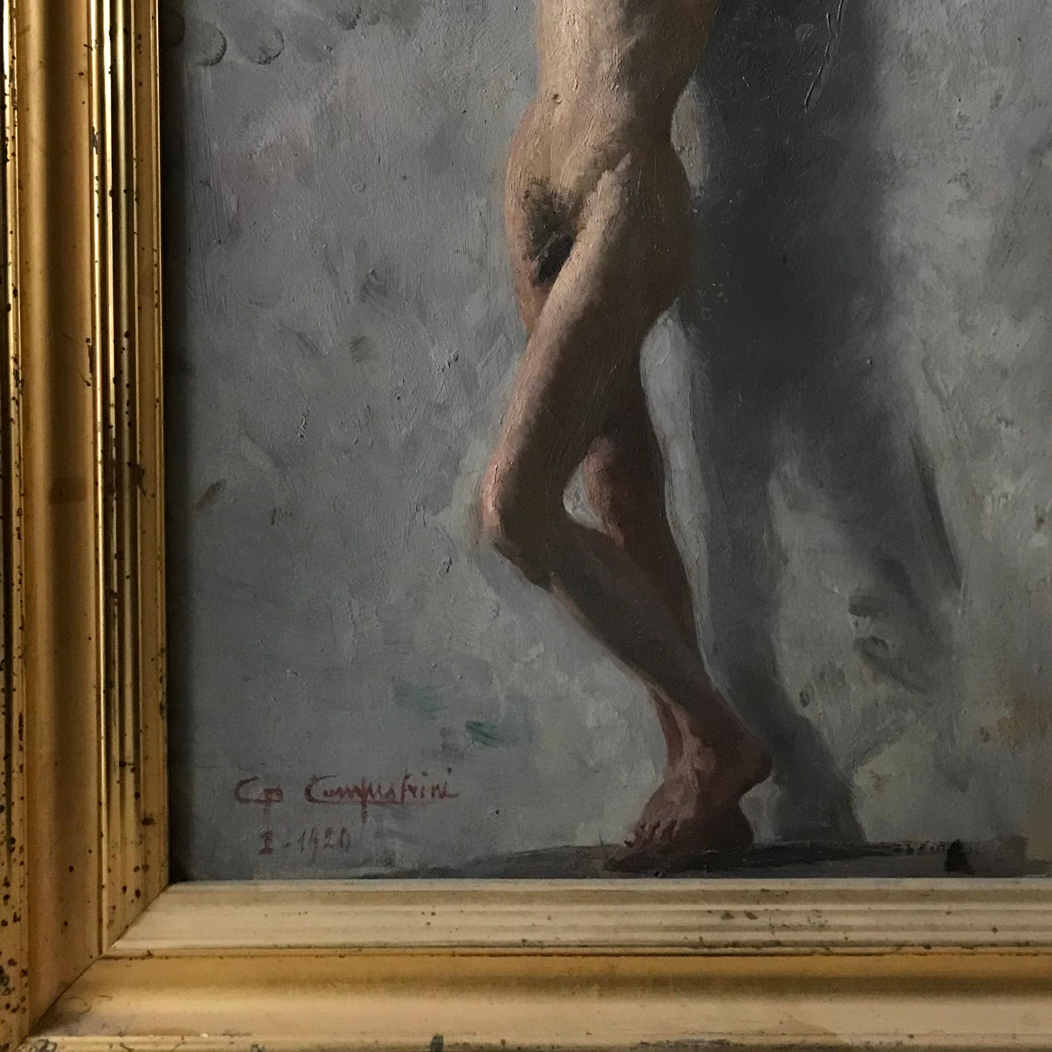 A wonderfully observed and well executed Italian oil painting of a male nude.

This evocative portrait is in a subtle warm palette of blues and greys.

In its original giltwood frame that has a couple of losses to the gilding.

Signed and dated to