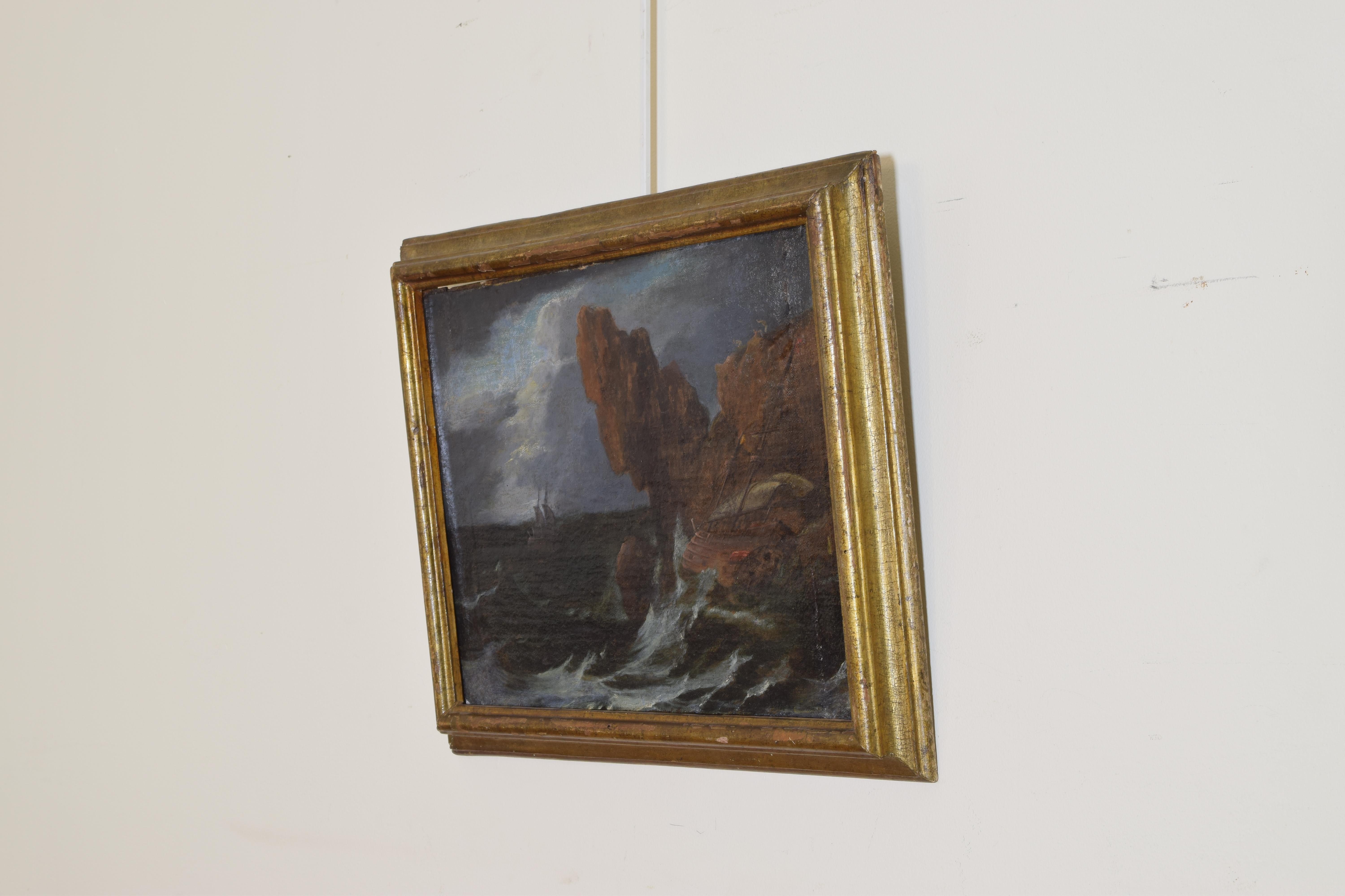 Louis XIII Huile italienne sur toile sur panneau:: Galeone à deux mâts brisé dans une tempête en vente