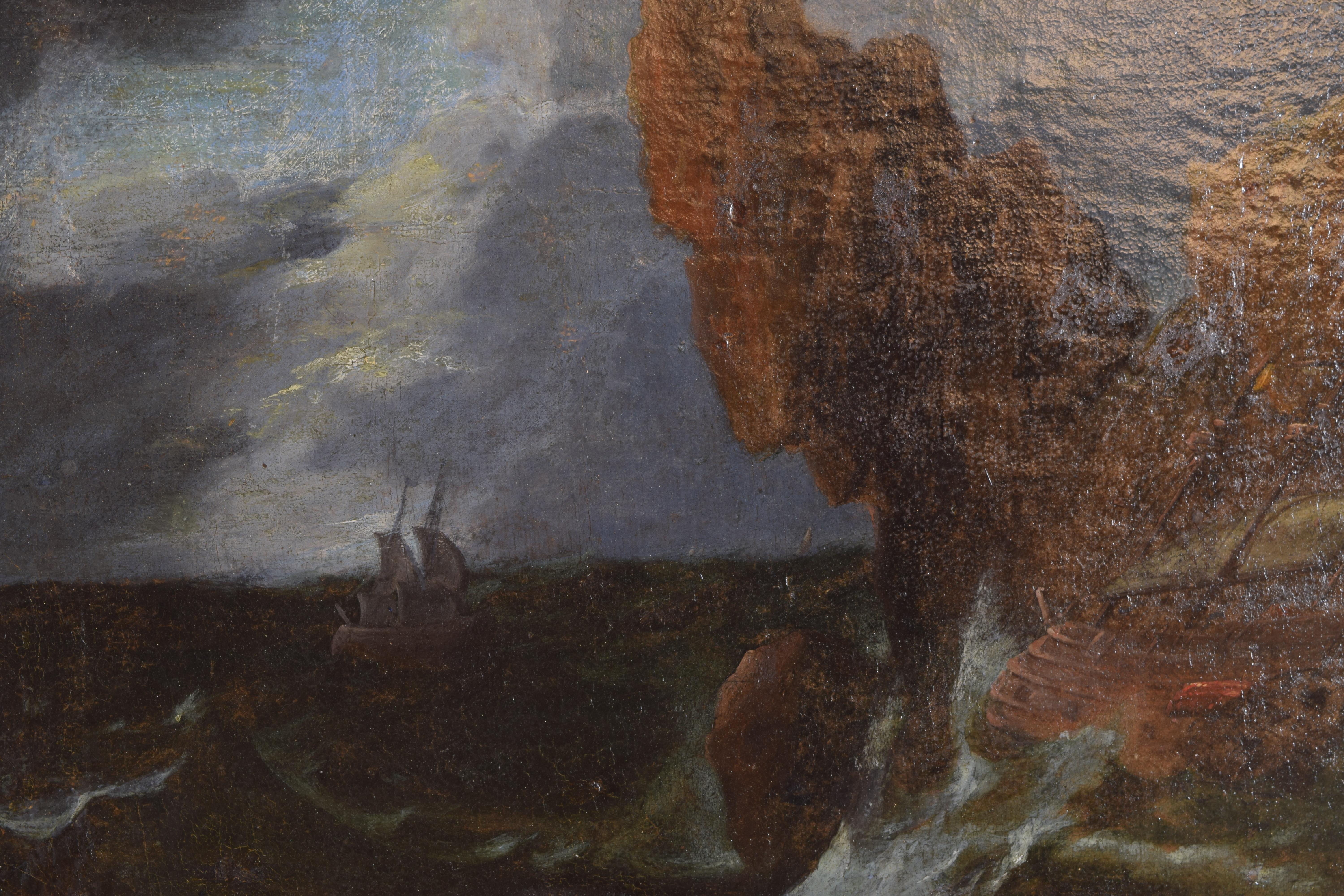 XVIIIe siècle Huile italienne sur toile sur panneau:: Galeone à deux mâts brisé dans une tempête en vente