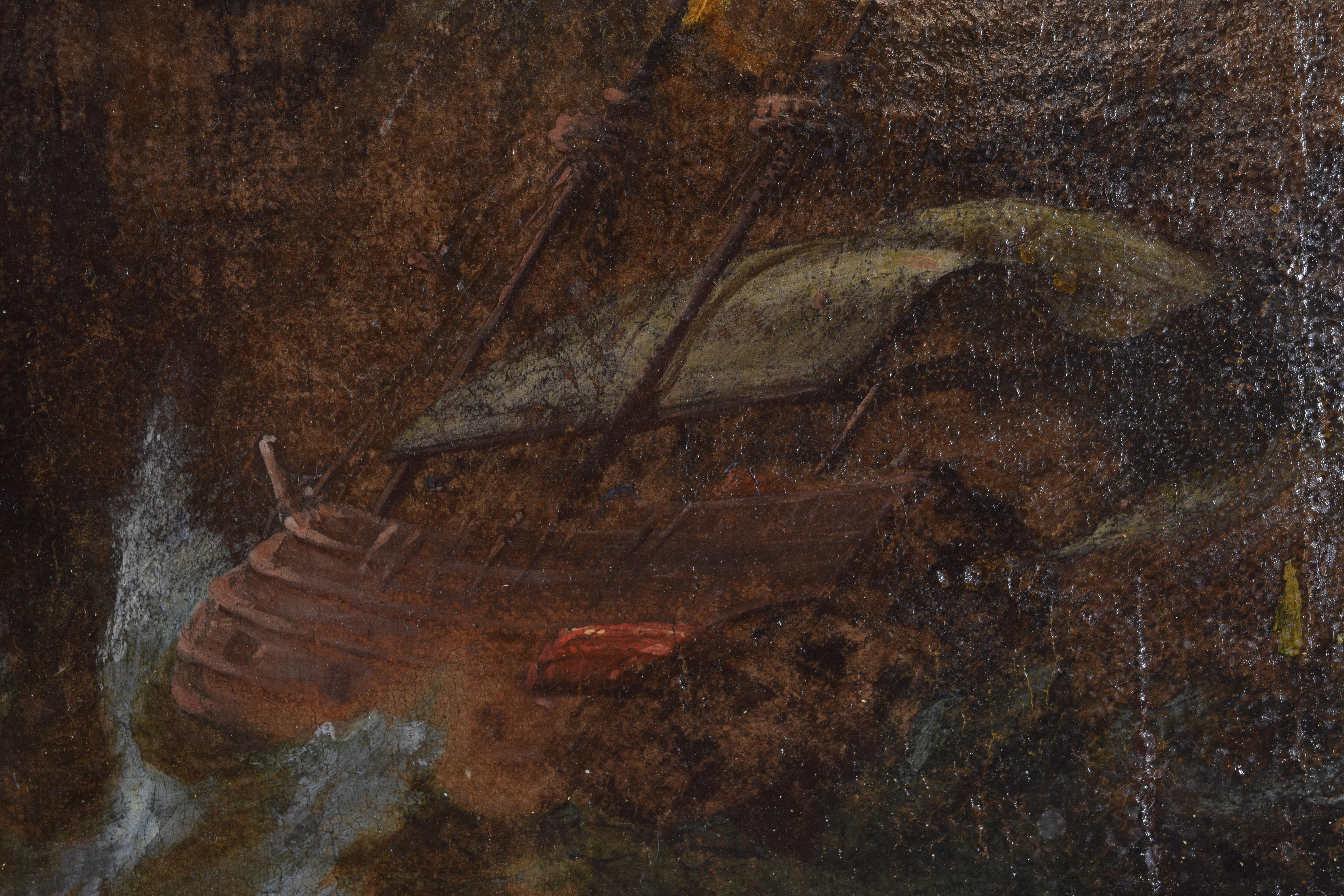 Peinture Huile italienne sur toile sur panneau:: Galeone à deux mâts brisé dans une tempête en vente