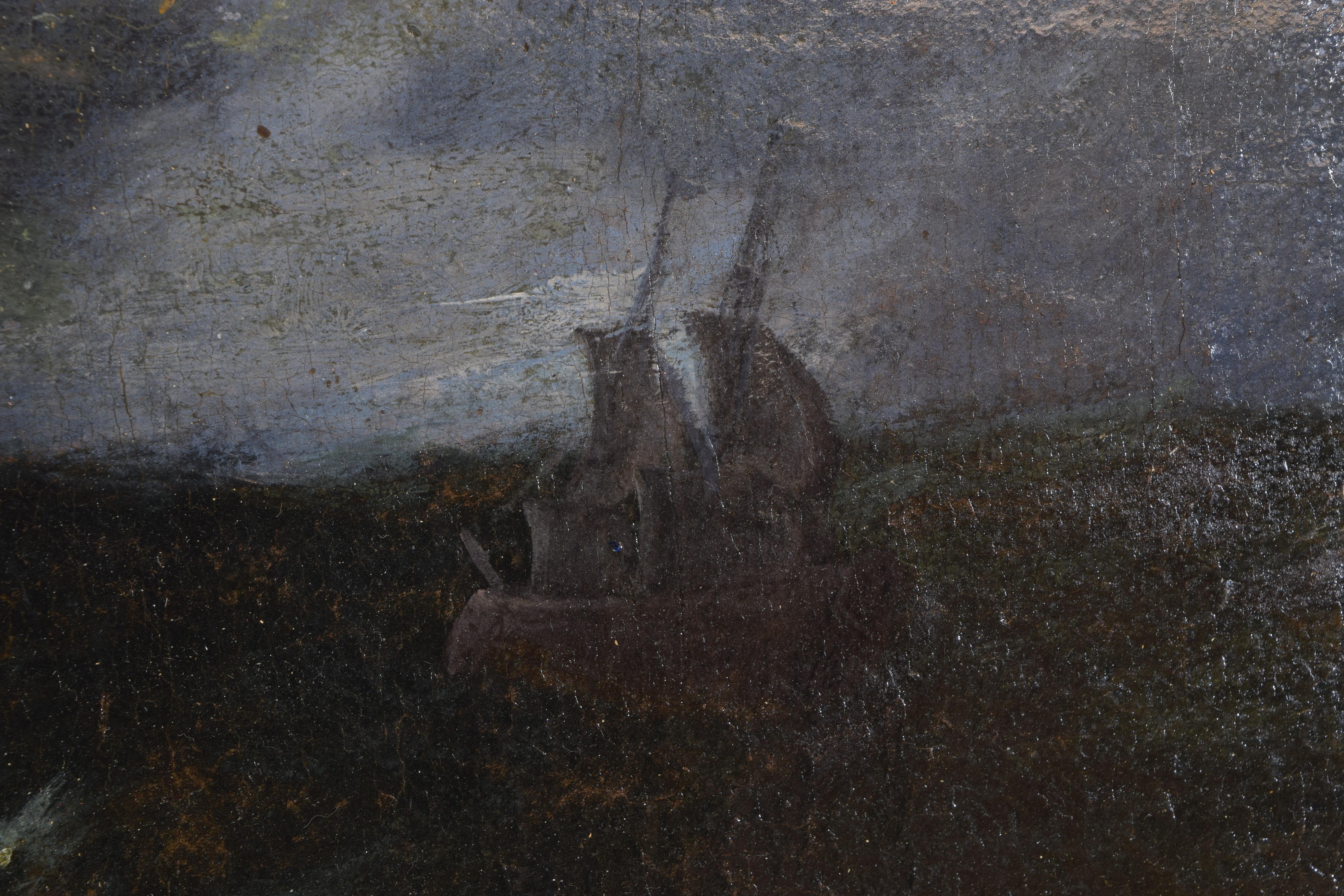 Huile italienne sur toile sur panneau:: Galeone à deux mâts brisé dans une tempête en vente 1