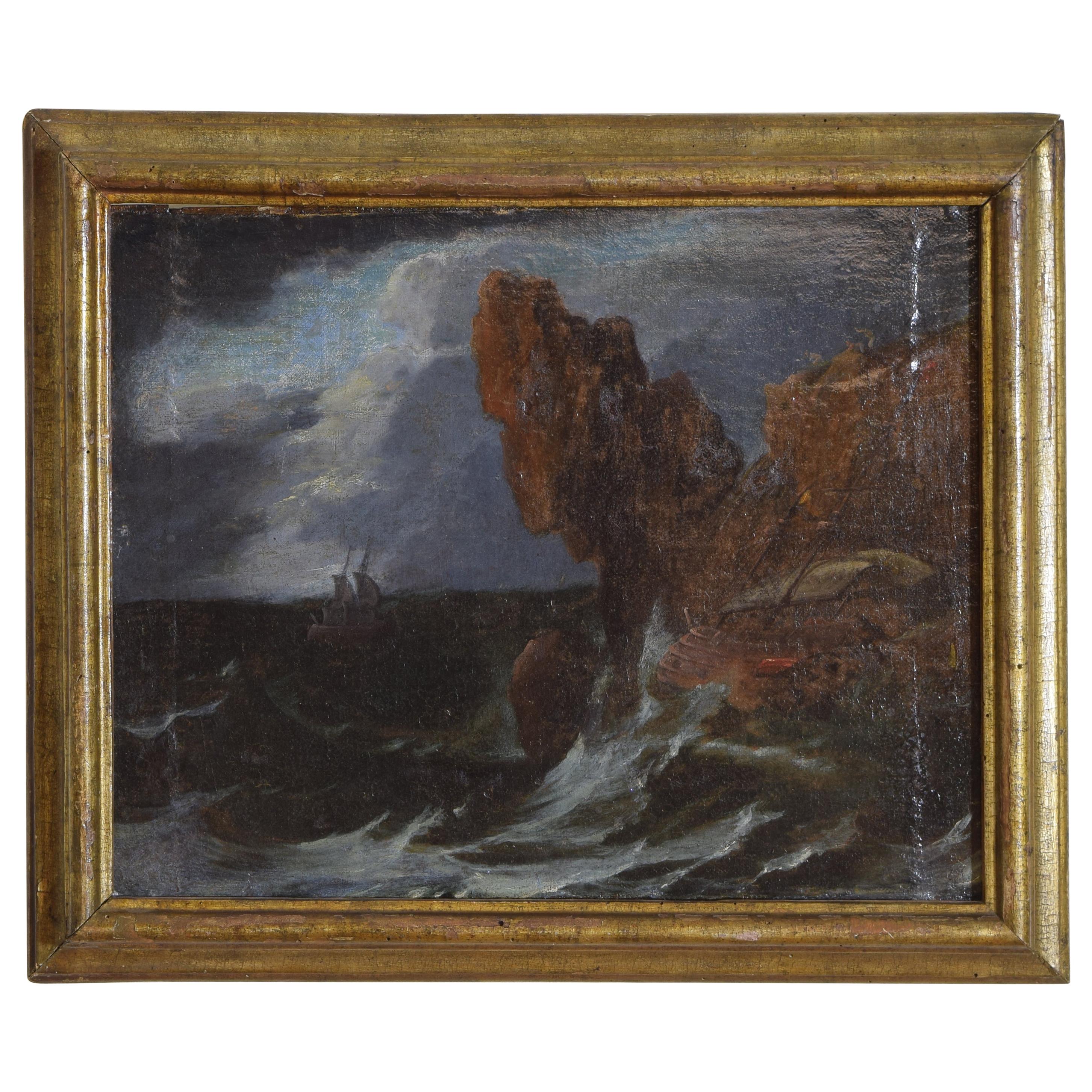 Huile italienne sur toile sur panneau:: Galeone à deux mâts brisé dans une tempête en vente