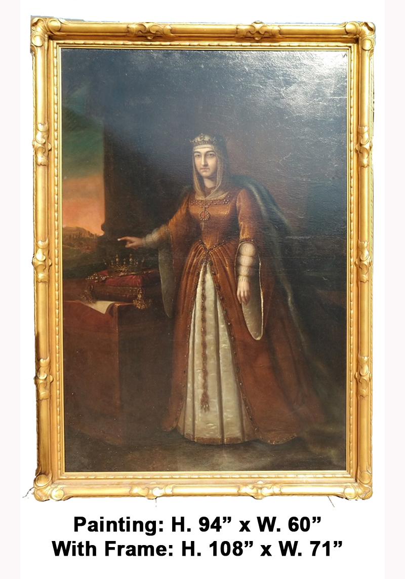 Monumental and spectacular 19th century European oil on canvas painting of a standing princess in beautiful jeweled garments with her hand over a crown on pillow. 
In a fancy gilt frame. 

The large size of the painting is what makes this