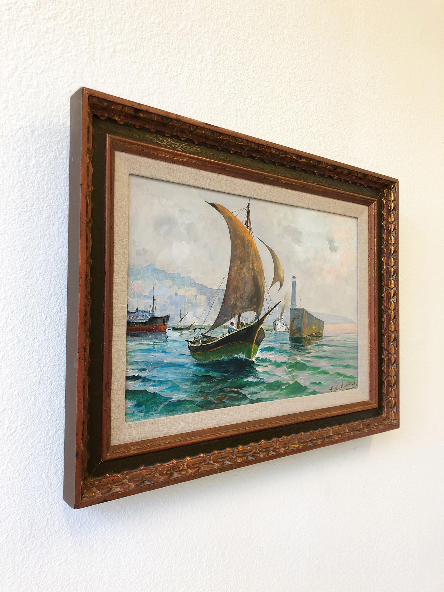 Original oil on canvas painting by listed Italian artists Federico Salvatore. 
The painting depicts a sailboat coming out of the Marina Grande in Capri Italy. 
Hand marked ‘Marina Grande’ Capri 1965 on the back and signed S Federico on the front.
