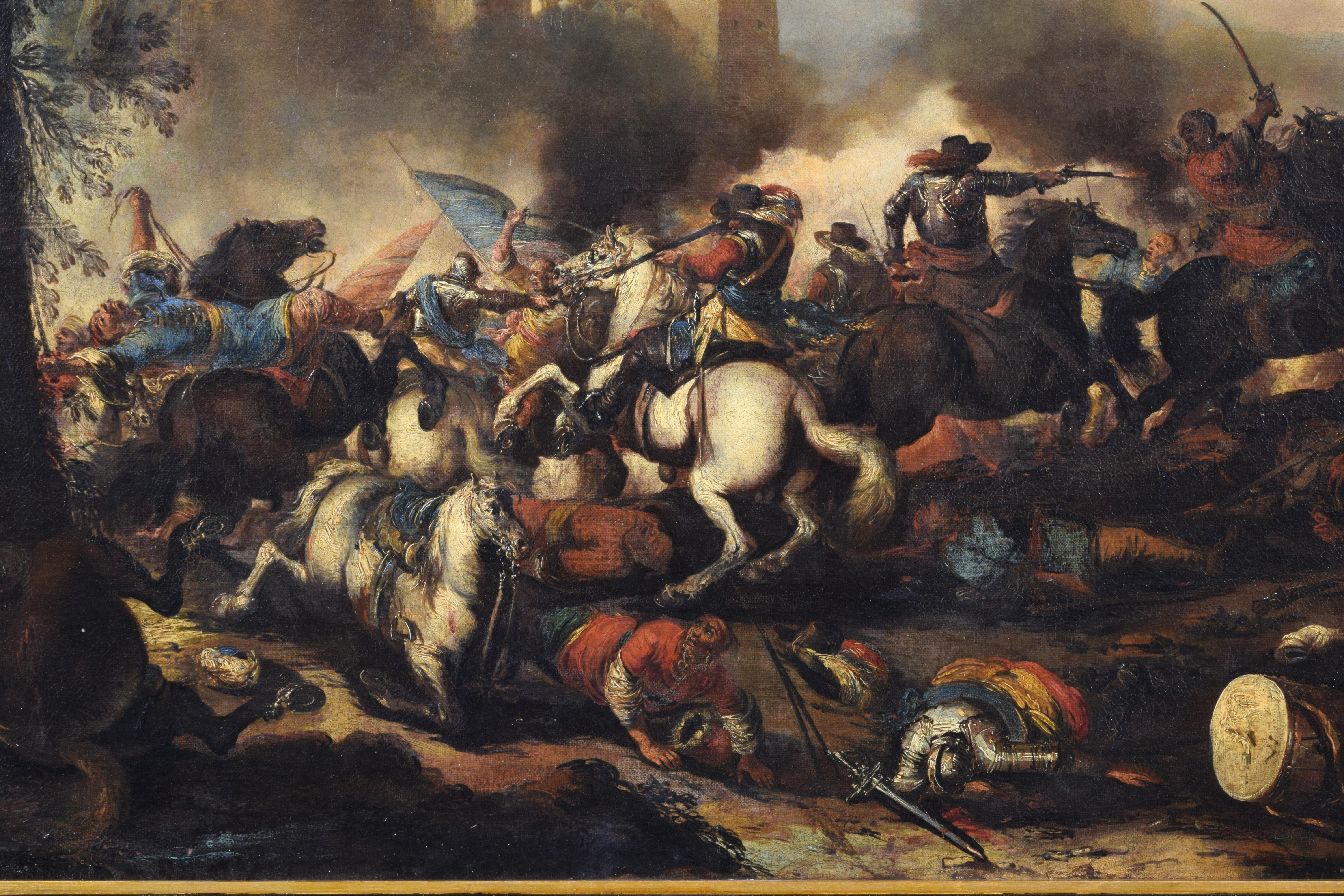 18th Century Italian Oil on Canvas Painting with Battle by Antonio Calza For Sale 2