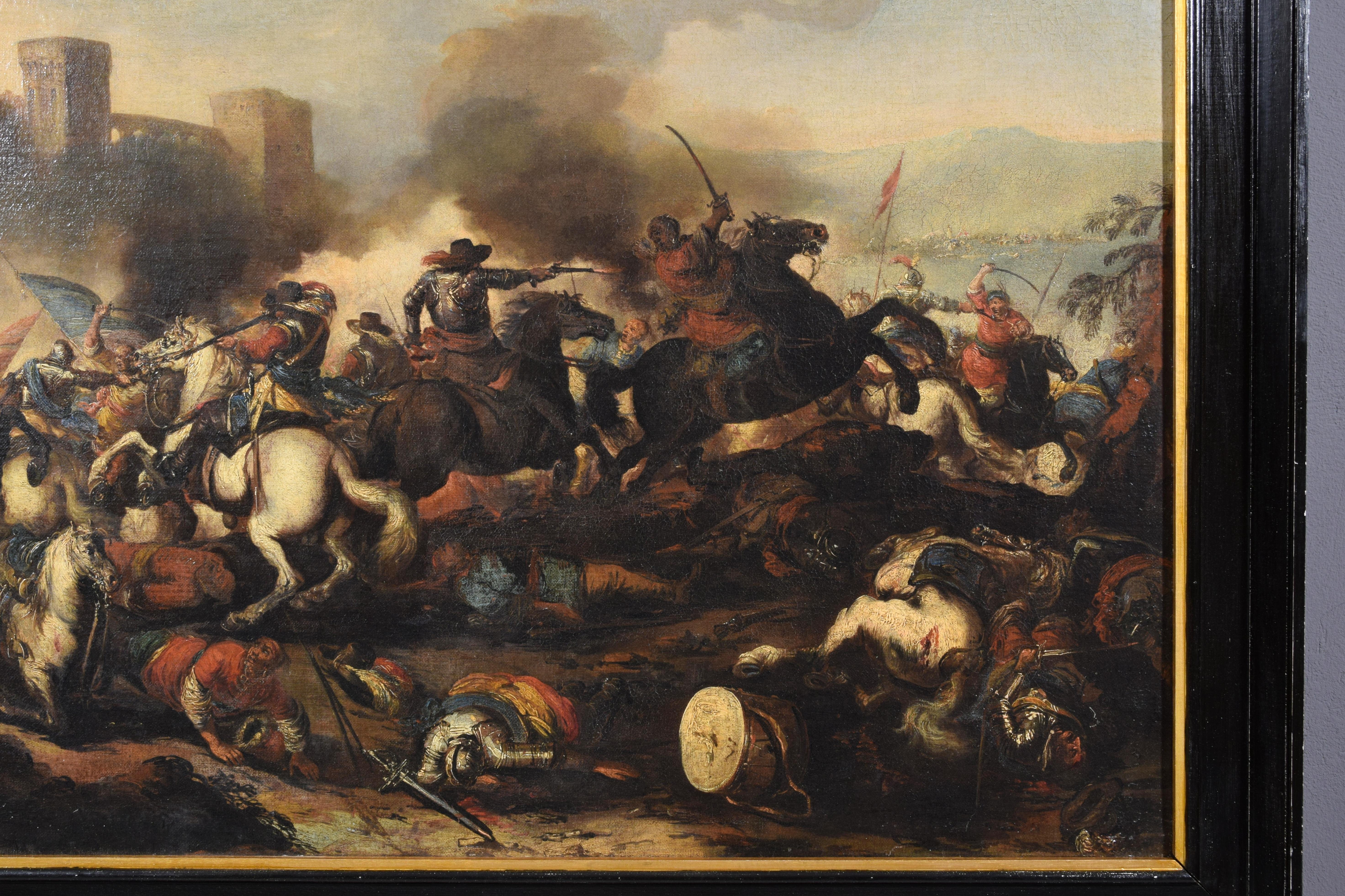 18th Century Italian Oil on Canvas Painting with Battle by Antonio Calza For Sale 9