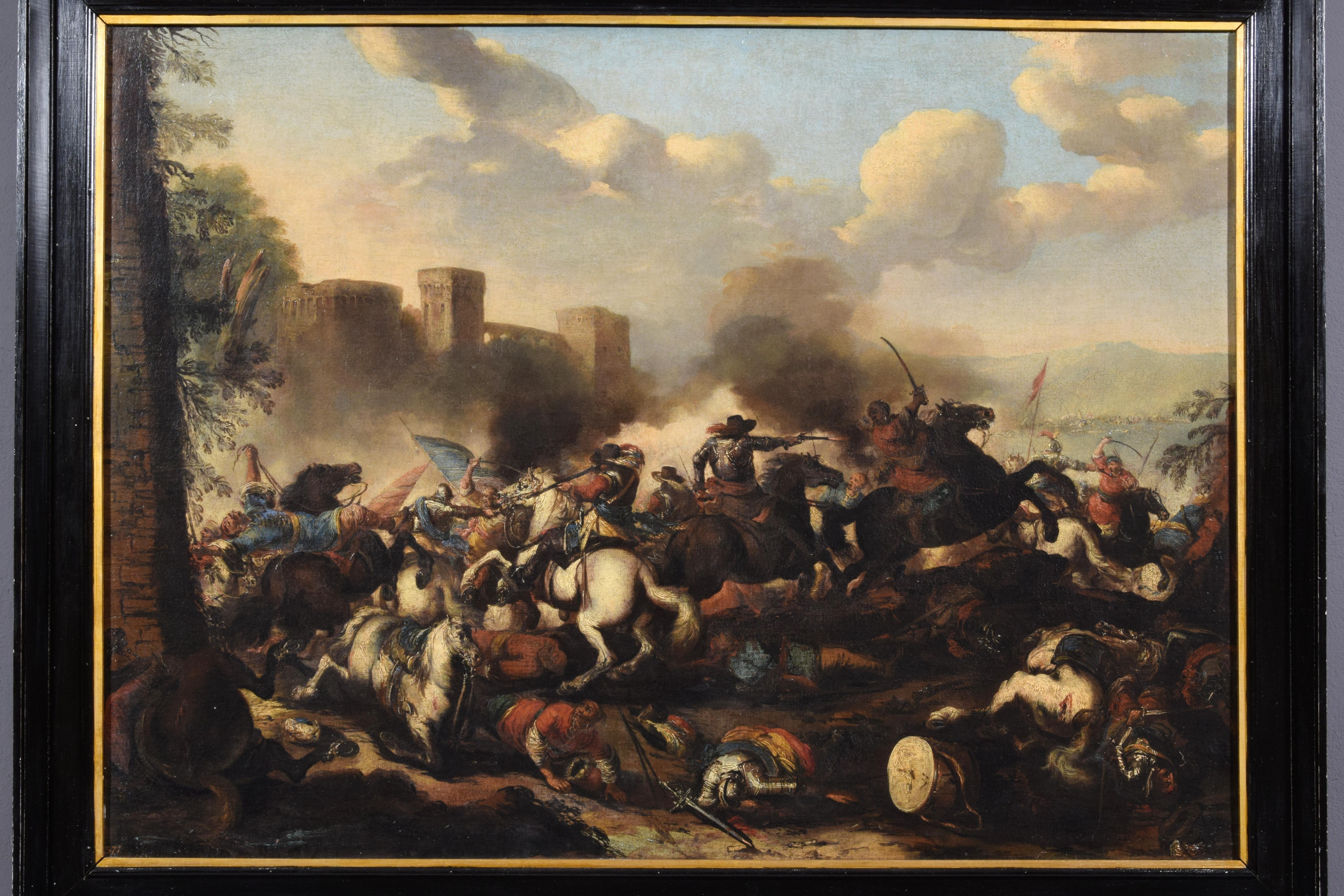 18th Century Italian Oil on Canvas Painting with Battle by Antonio Calza For Sale 10