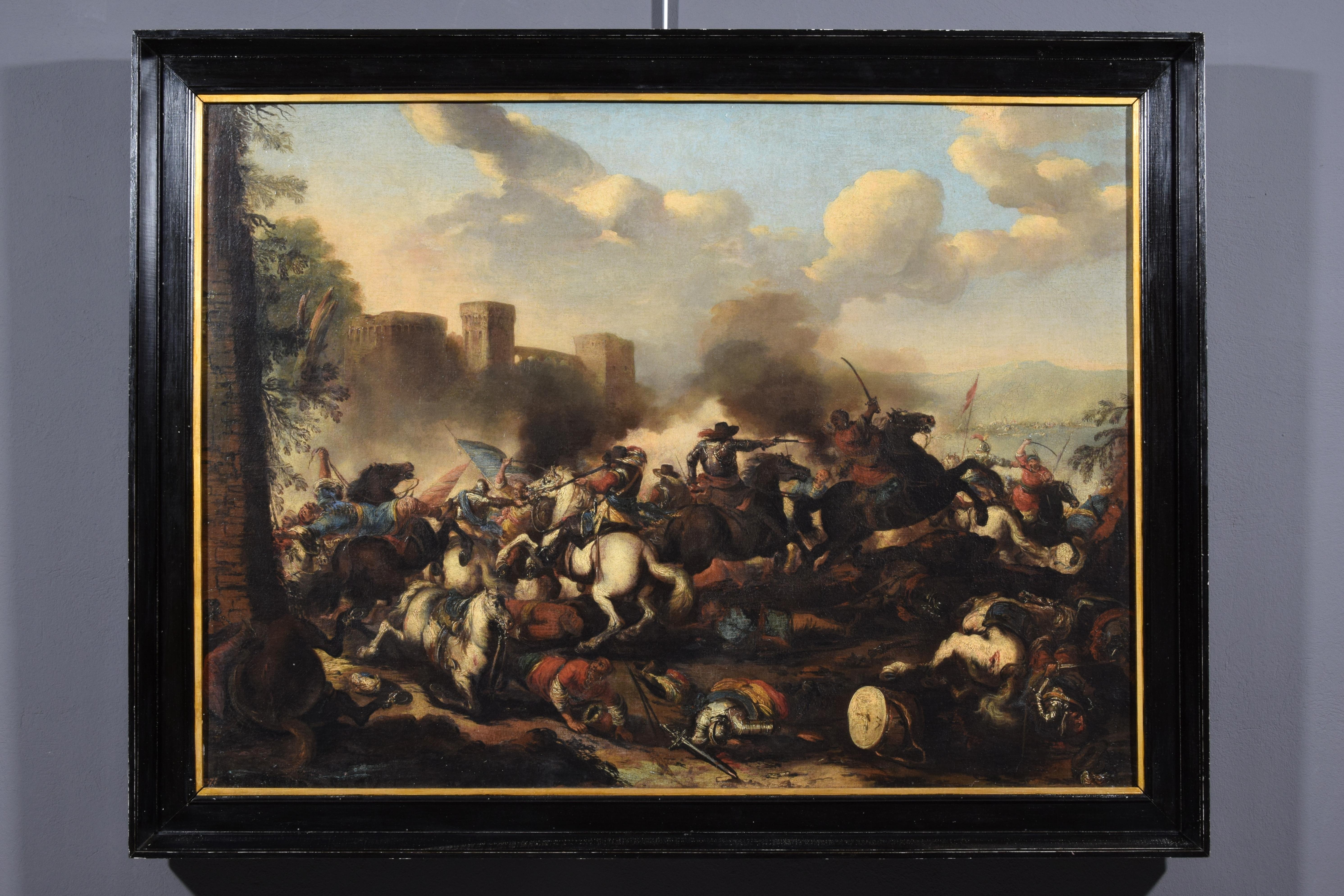 18th Century Italian Oil on Canvas Painting with Battle by Antonio Calza For Sale 11