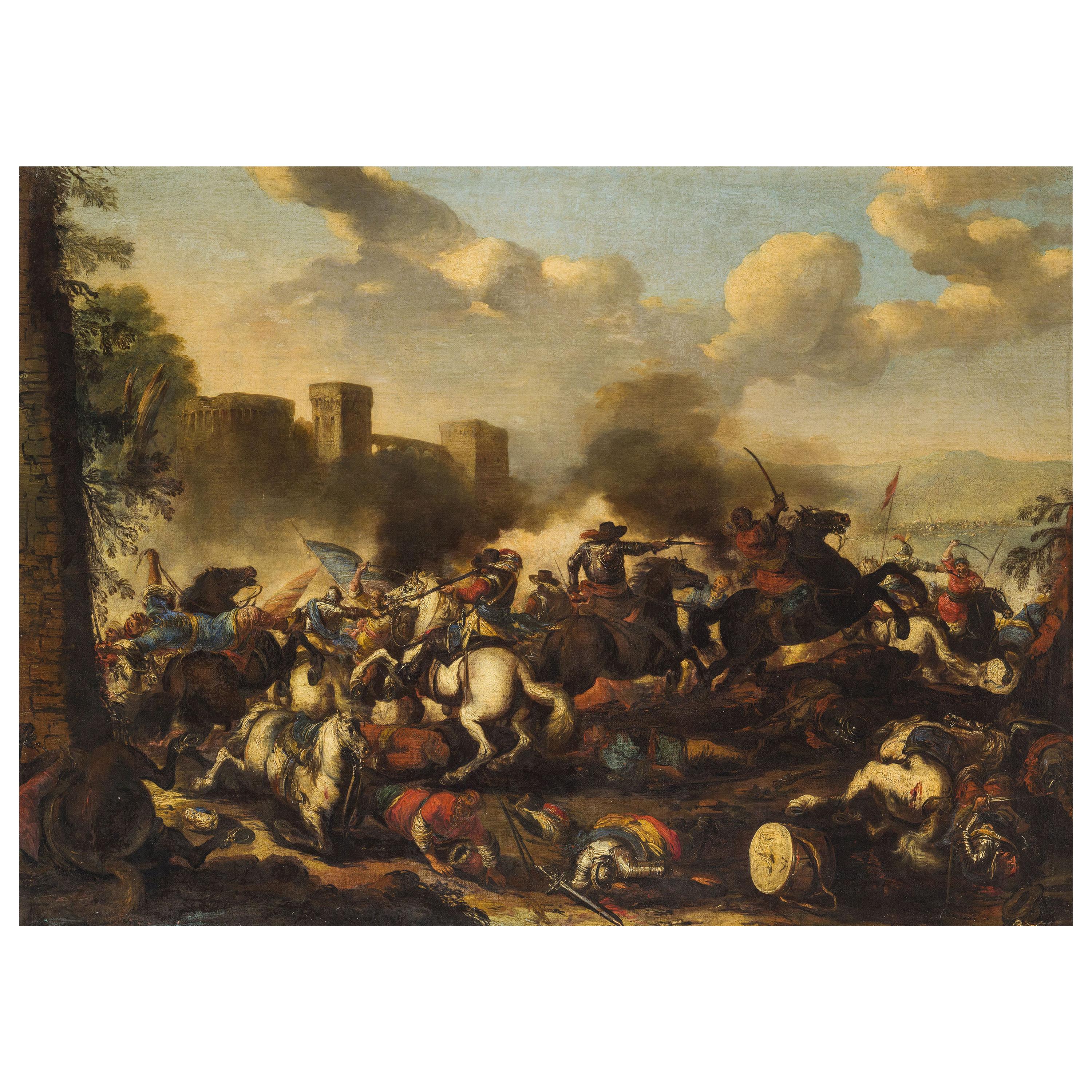 Baroque Huile sur toile italienne du 18ème siècle avec bataille d'Antonio Calza en vente