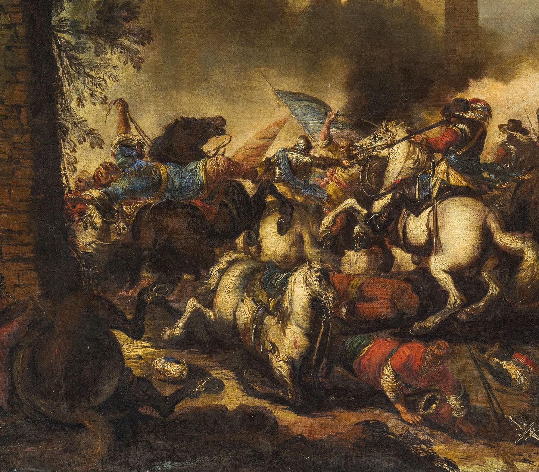 Baroque 18th Century Italian Oil on Canvas Painting with Battle by Antonio Calza For Sale