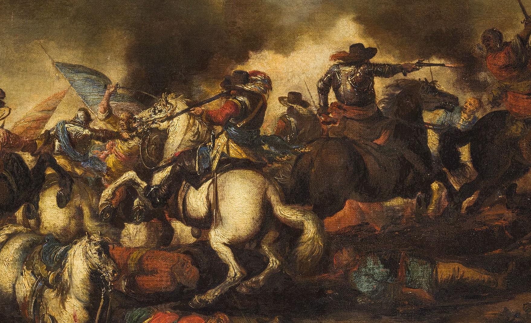 17th Century 18th Century Italian Oil on Canvas Painting with Battle by Antonio Calza For Sale