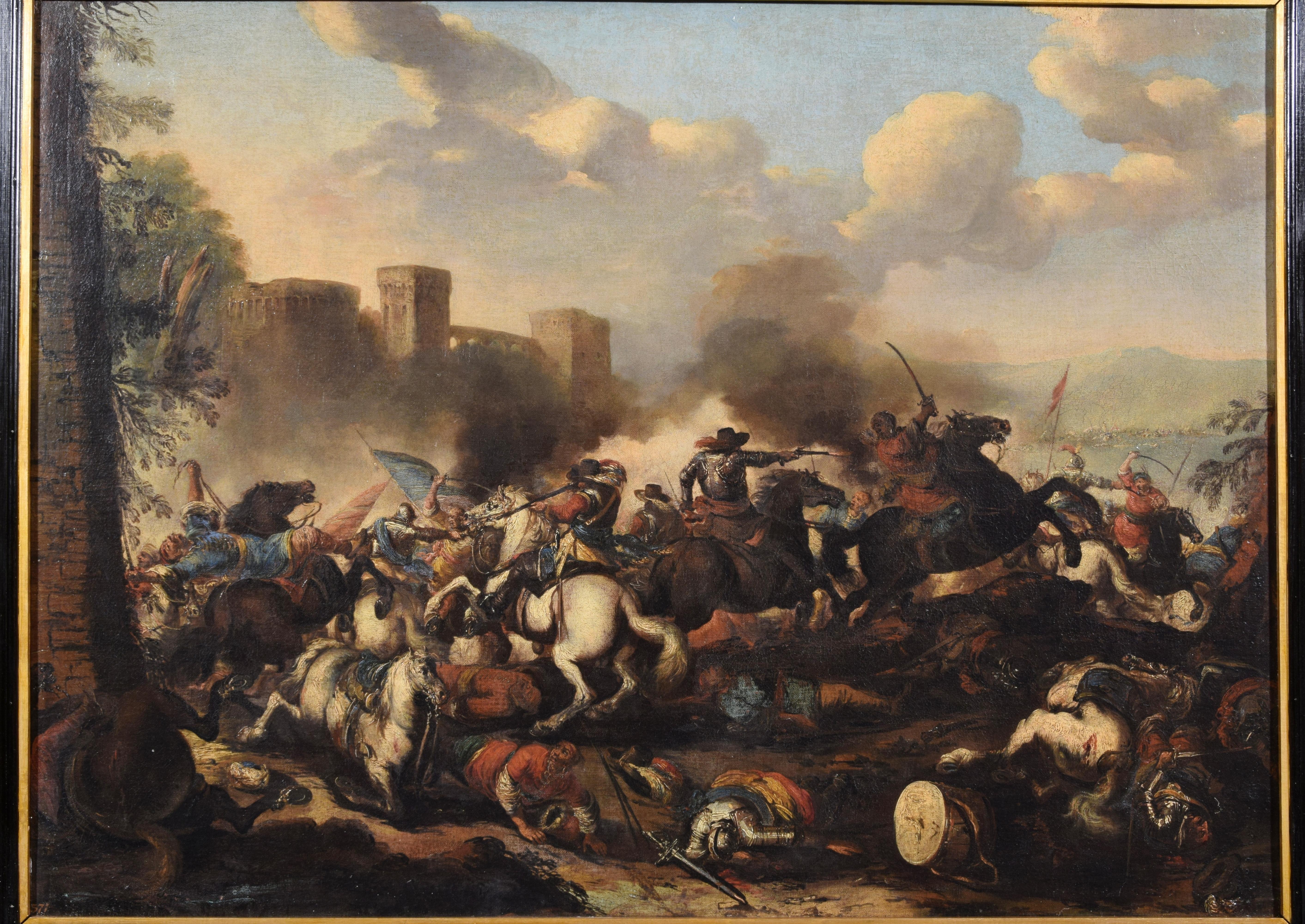 18th Century Italian Oil on Canvas Painting with Battle by Antonio Calza For Sale 1