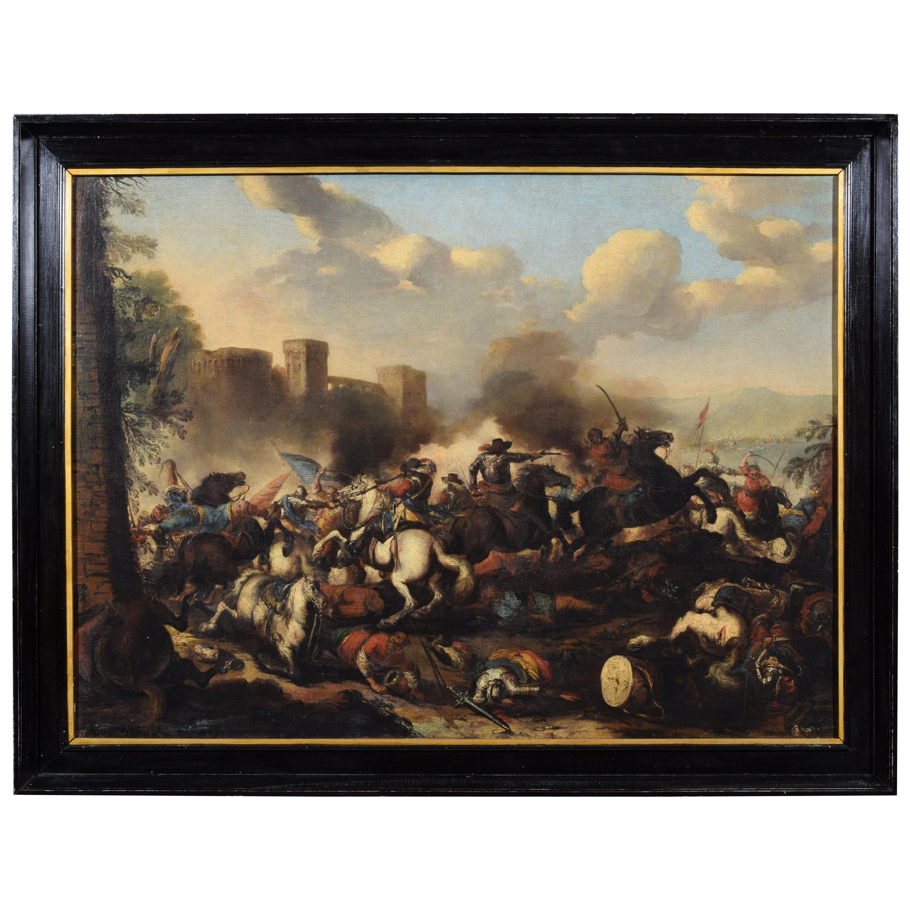Huile sur toile italienne du 18ème siècle avec bataille d'Antonio Calza