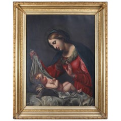 Italian Oil on Canvas Portrait Painting, Madonna and Christ Child, 19th Century