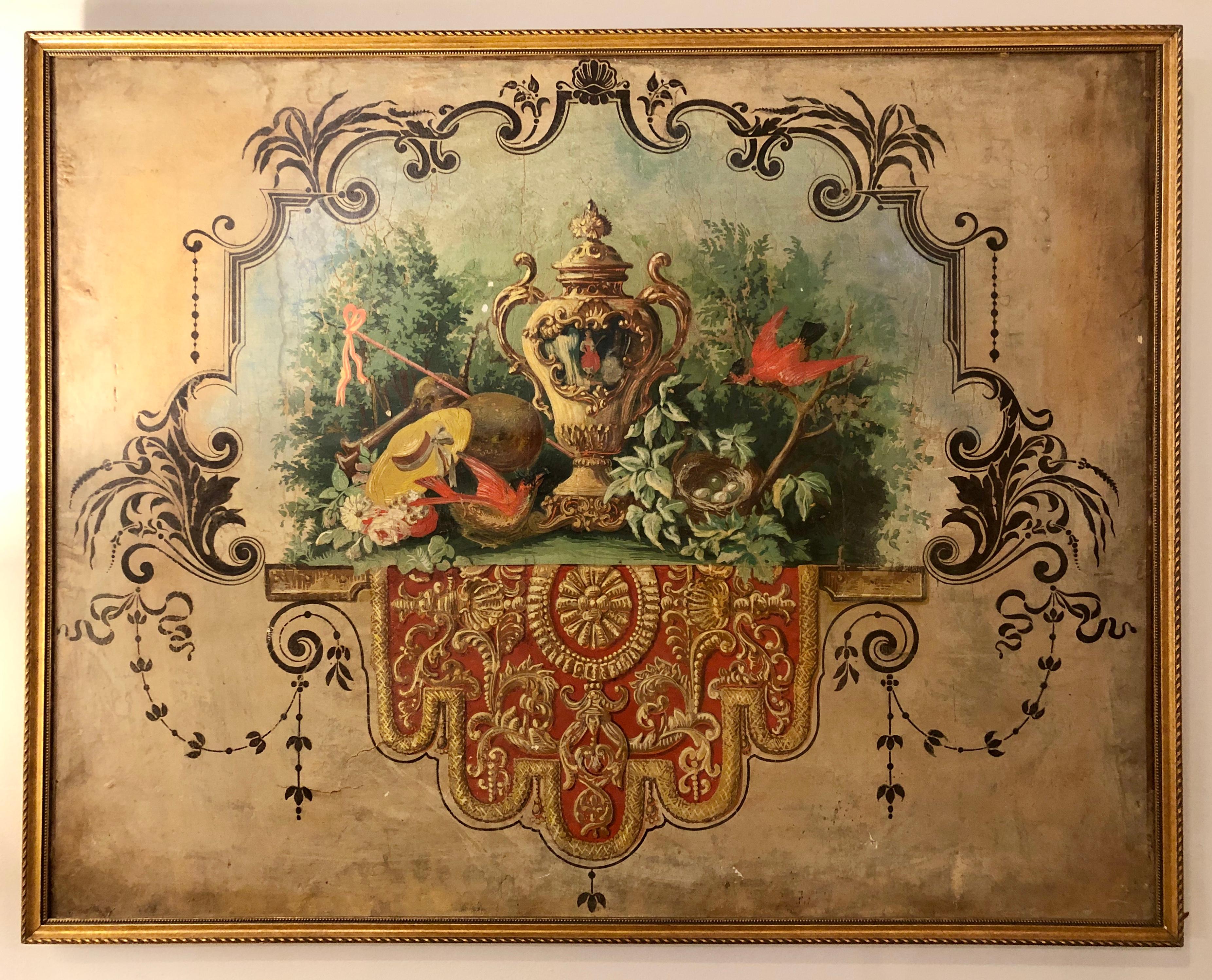 An Italian oil on canvas. Still life depicting birds and a floral arrangement with a French vase center stage in an outdoor setting. In a gilt frame. This is finely painted and highly decorative oil on canvas gives the look of a double framed piece.