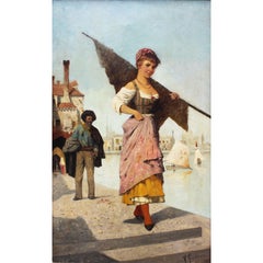 Italian Oil on Canvas "Venetian Belle" Young Beauty Walking Venice Waterfront